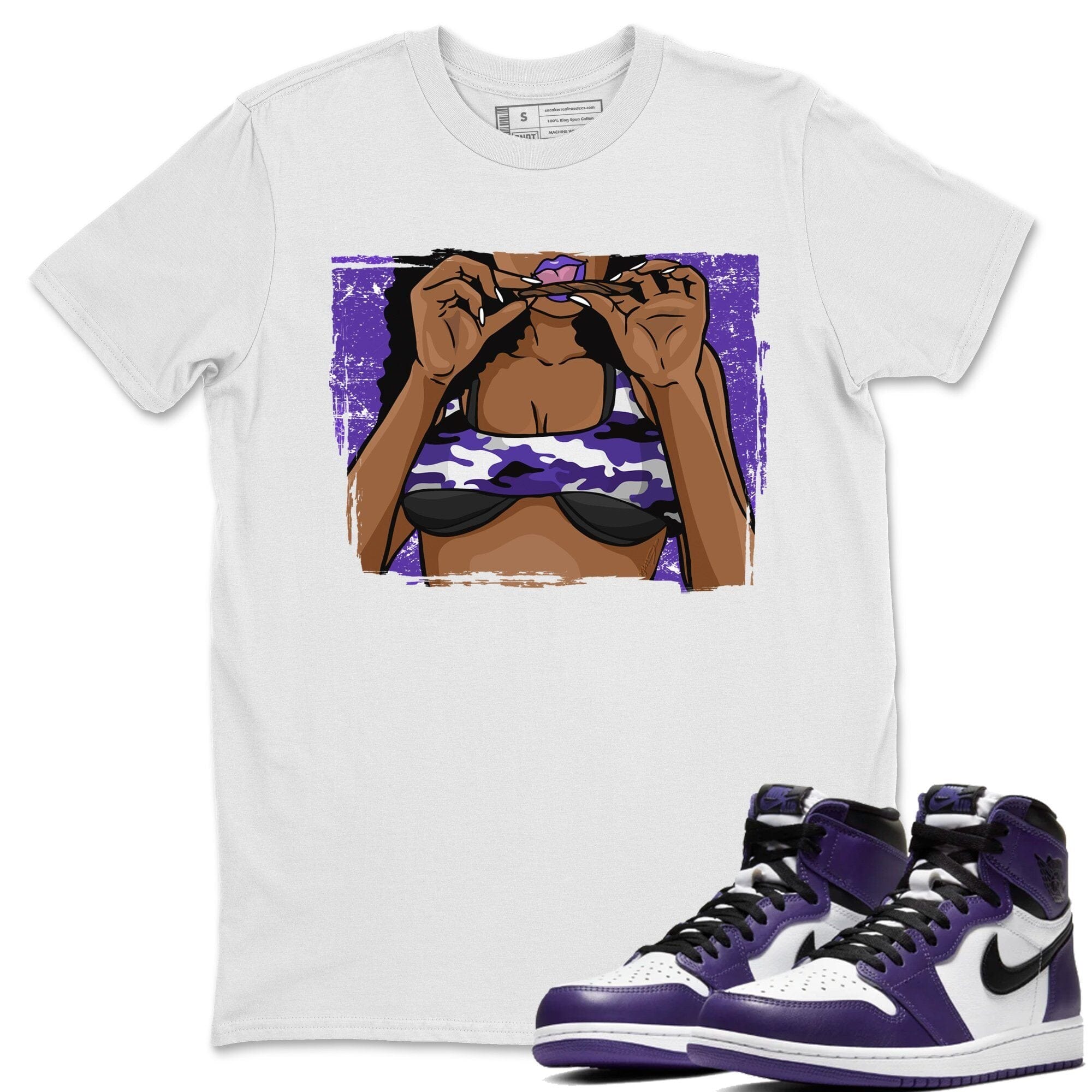 Jordan 1 Court Purple Sneaker Matching T-Shirt Roll Up Sneaker Tees Jordan 1 Court Purple Sneaker Release Tees Crew Neck Tees