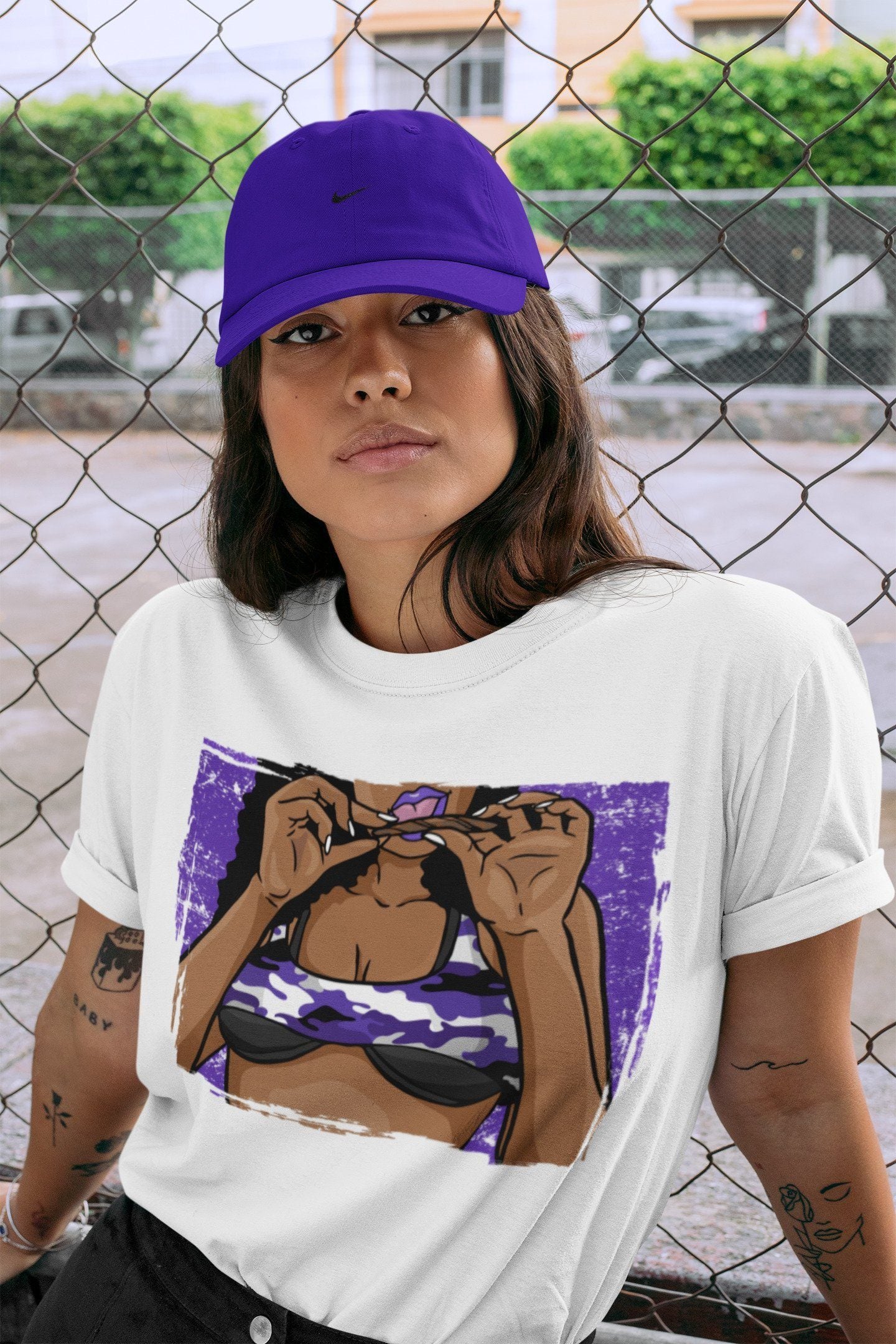 Jordan 1 Court Purple Sneaker Matching T-Shirt Roll Up Sneaker Tees Jordan 1 Court Purple Sneaker Release Tees Crew Neck Tees