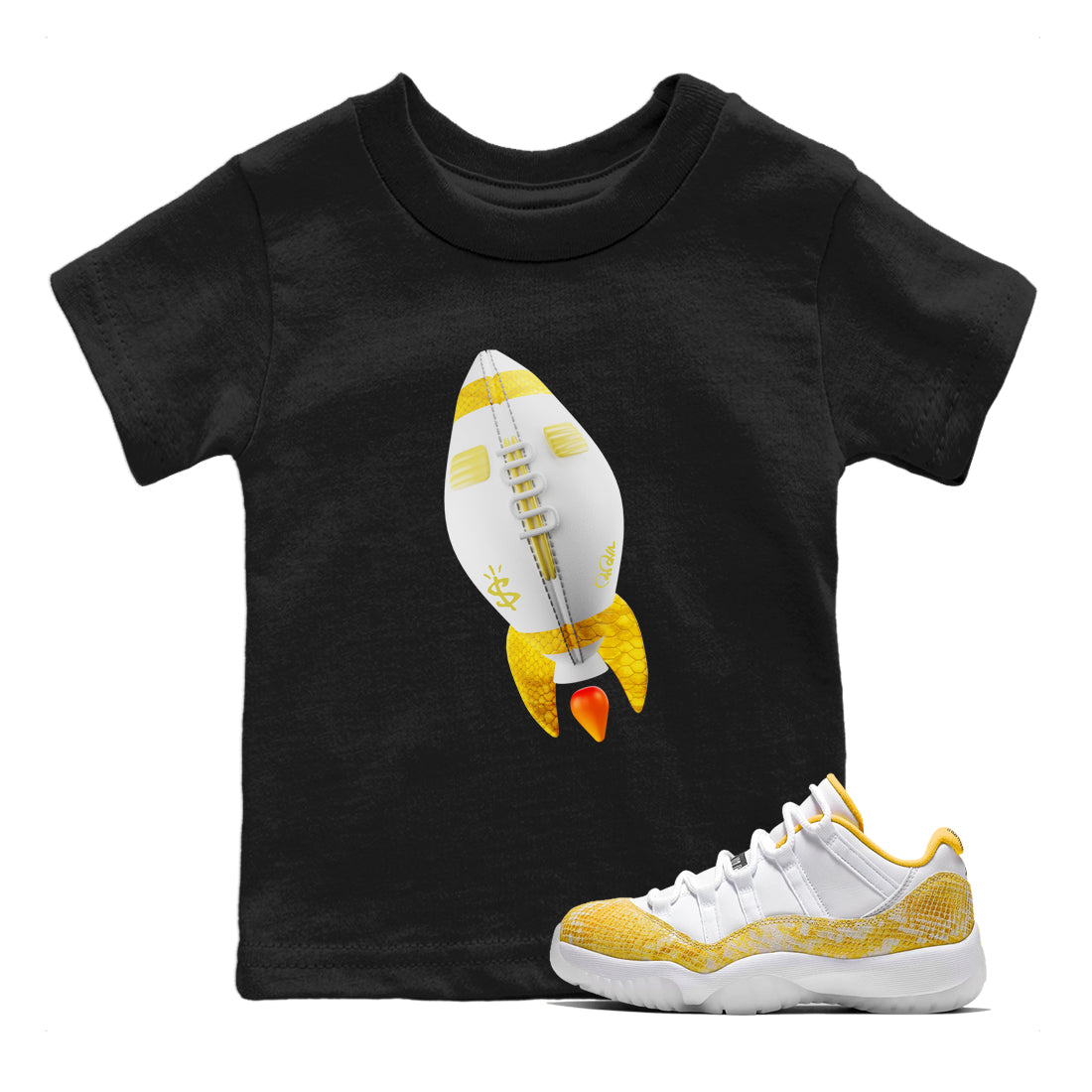 Air Jordan 11 Yellow Python Sneaker Match Tees Rugby Rocket Shirts AJ11 Yellow Python Drip Gear Zone Kids Shirts Black 1