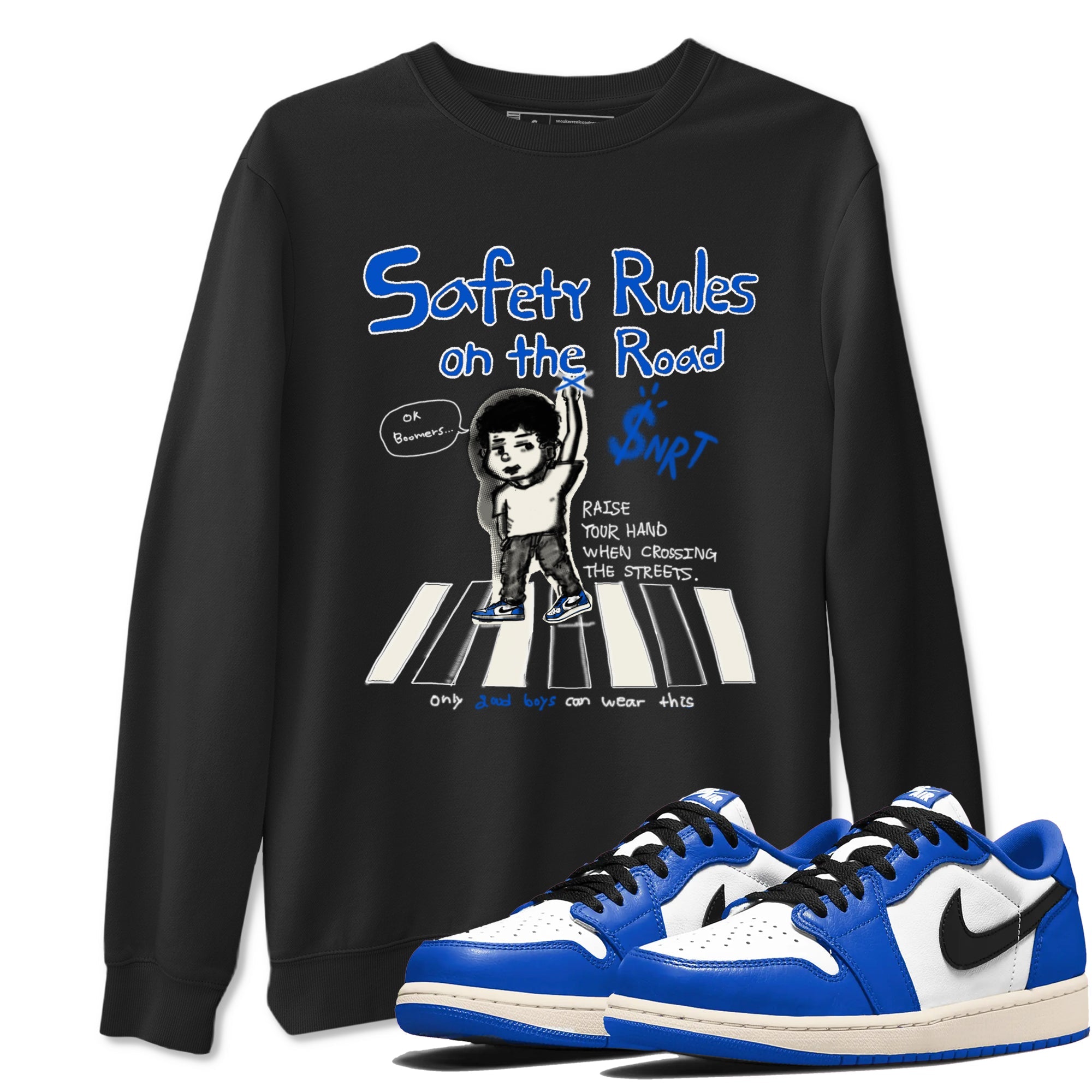 AJ1 Game Royal shirt to match jordans Safety Rules On The Road sneaker tees AJ1 Game Royal Drip Gear Zone unisex cotton Black 1 crew neck shirt