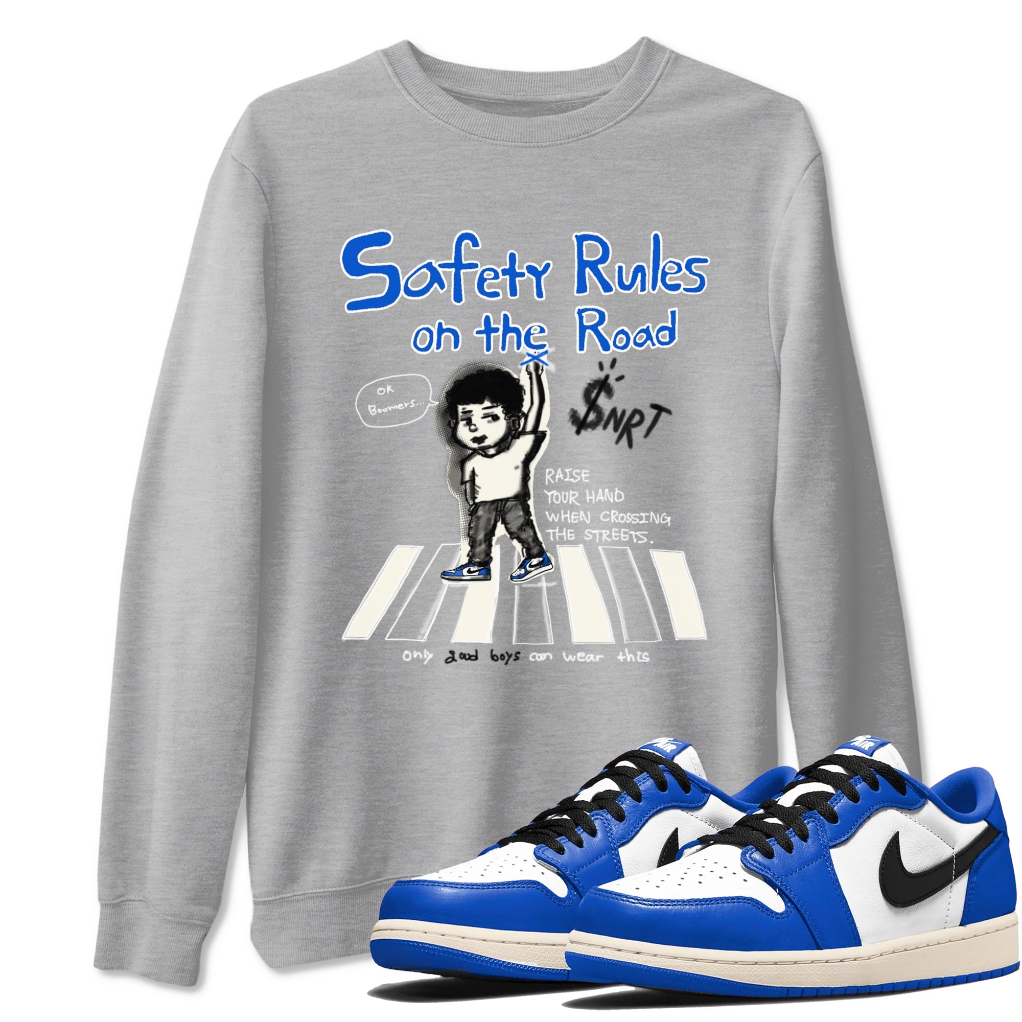AJ1 Game Royal shirt to match jordans Safety Rules On The Road sneaker tees AJ1 Game Royal Drip Gear Zone unisex cotton Heather Grey 1 crew neck shirt