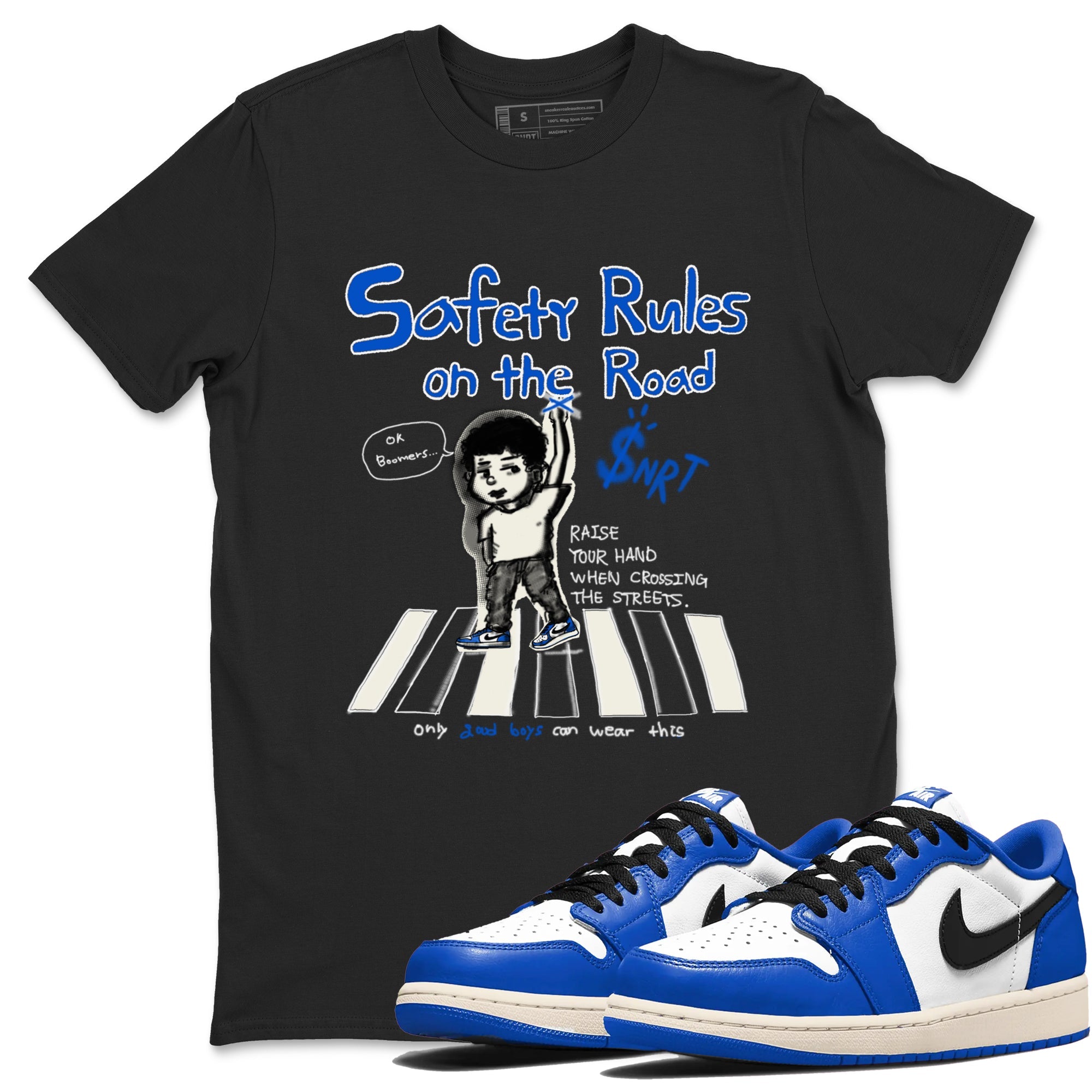 AJ1 Game Royal shirt to match jordans Safety Rules On The Road sneaker tees AJ1 Game Royal Drip Gear Zone unisex cotton Black 1 crew neck shirt