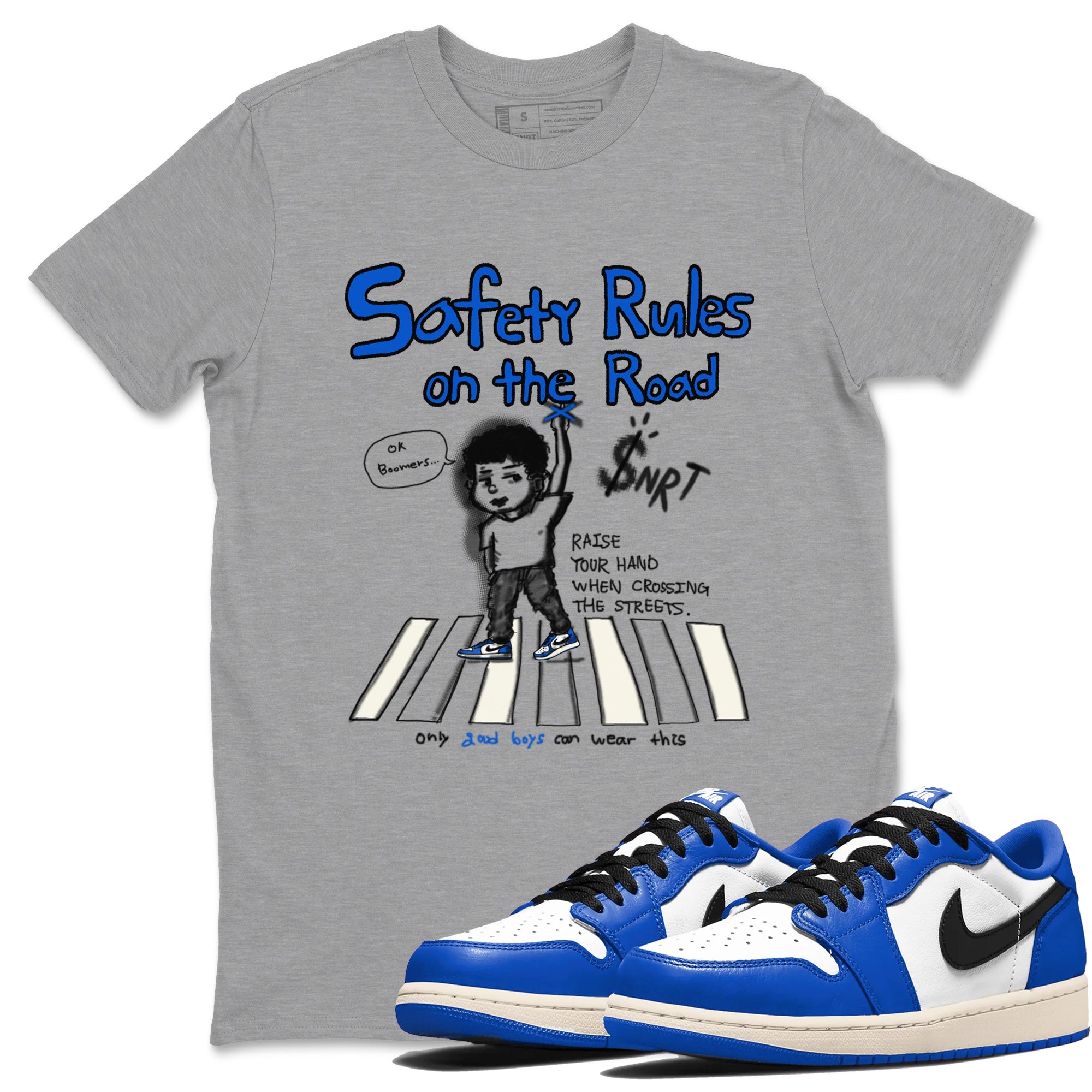AJ1 Game Royal shirt to match jordans Safety Rules On The Road sneaker tees AJ1 Game Royal Drip Gear Zone unisex cotton Heather Grey 1 crew neck shirt
