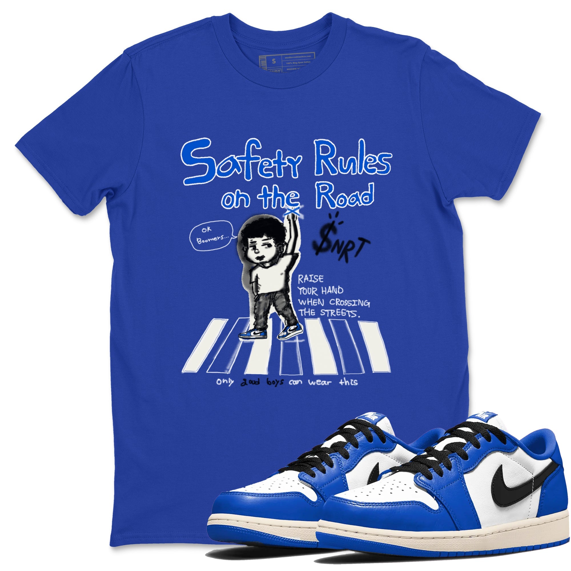 AJ1 Game Royal shirt to match jordans Safety Rules On The Road sneaker tees AJ1 Game Royal Drip Gear Zone unisex cotton Royal Blue 1 crew neck shirt