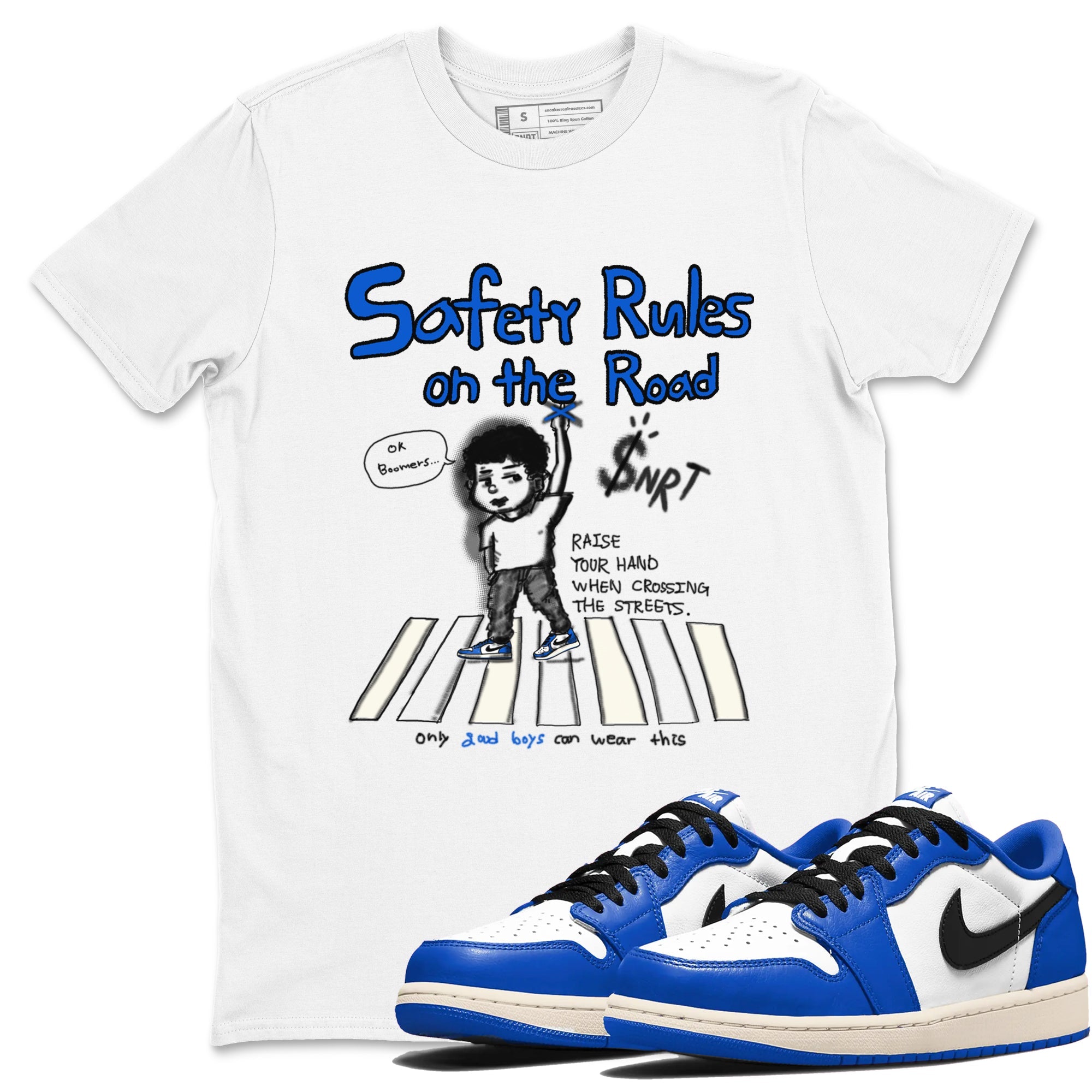 AJ1 Game Royal shirt to match jordans Safety Rules On The Road sneaker tees AJ1 Game Royal Drip Gear Zone unisex cotton White 1 crew neck shirt