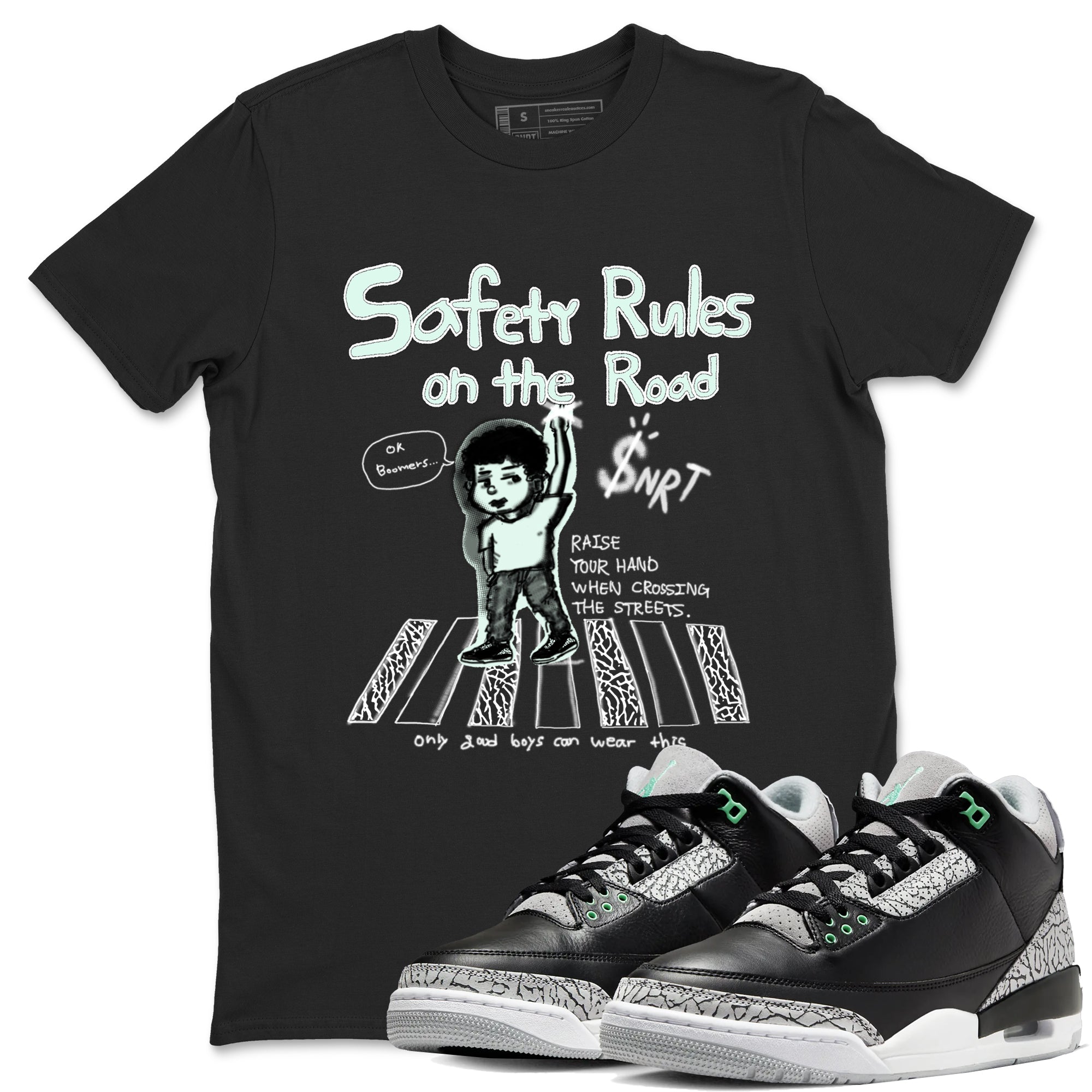 3s Green Glow shirt to match jordans Safety Rules On The Road sneaker tees Air Jordan 3 Green Glow Drip Gear Zone unisex cotton Black 1 crew neck shirt