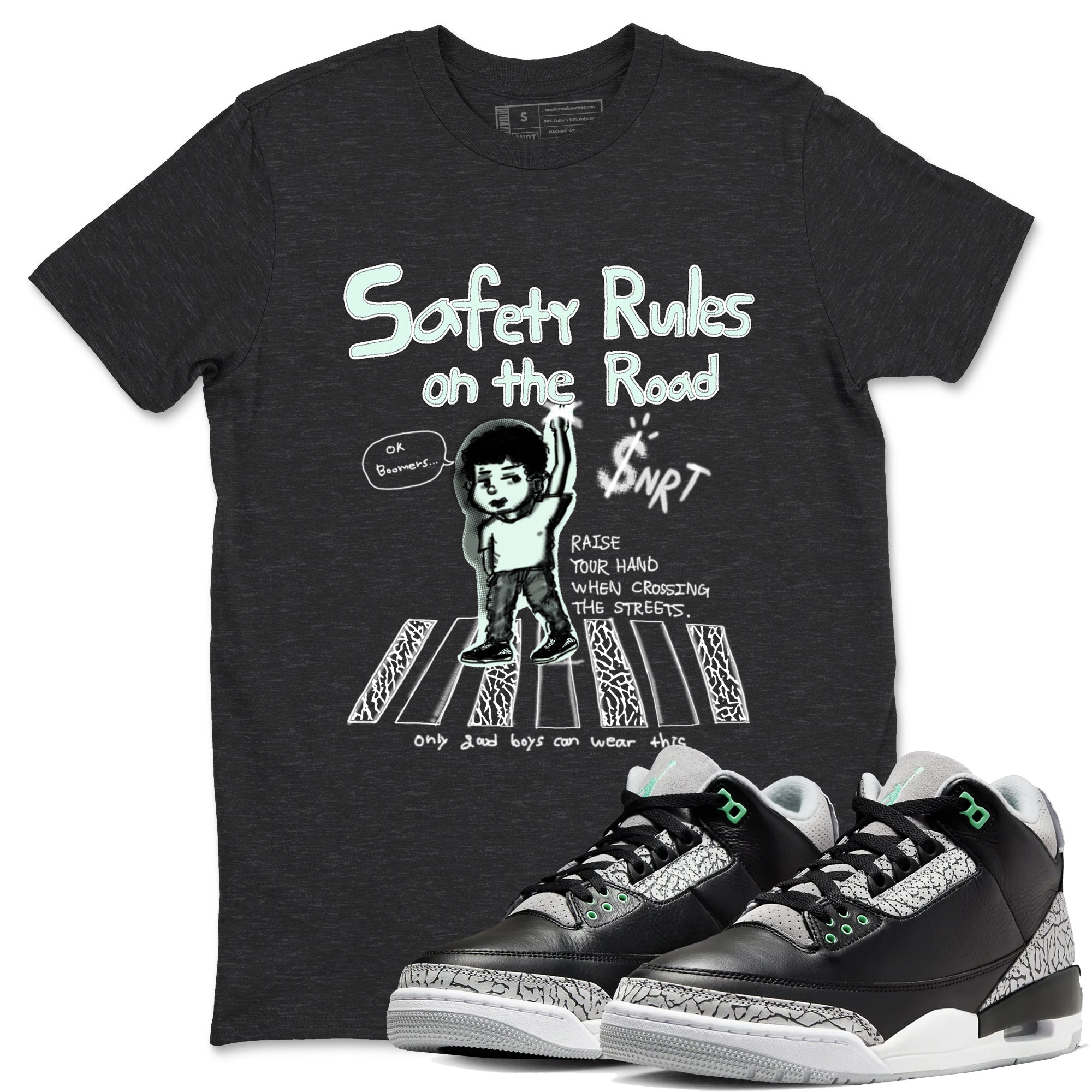 3s Green Glow shirt to match jordans Safety Rules On The Road sneaker tees Air Jordan 3 Green Glow Drip Gear Zone unisex cotton Charcoal Heather 1 crew neck shirt