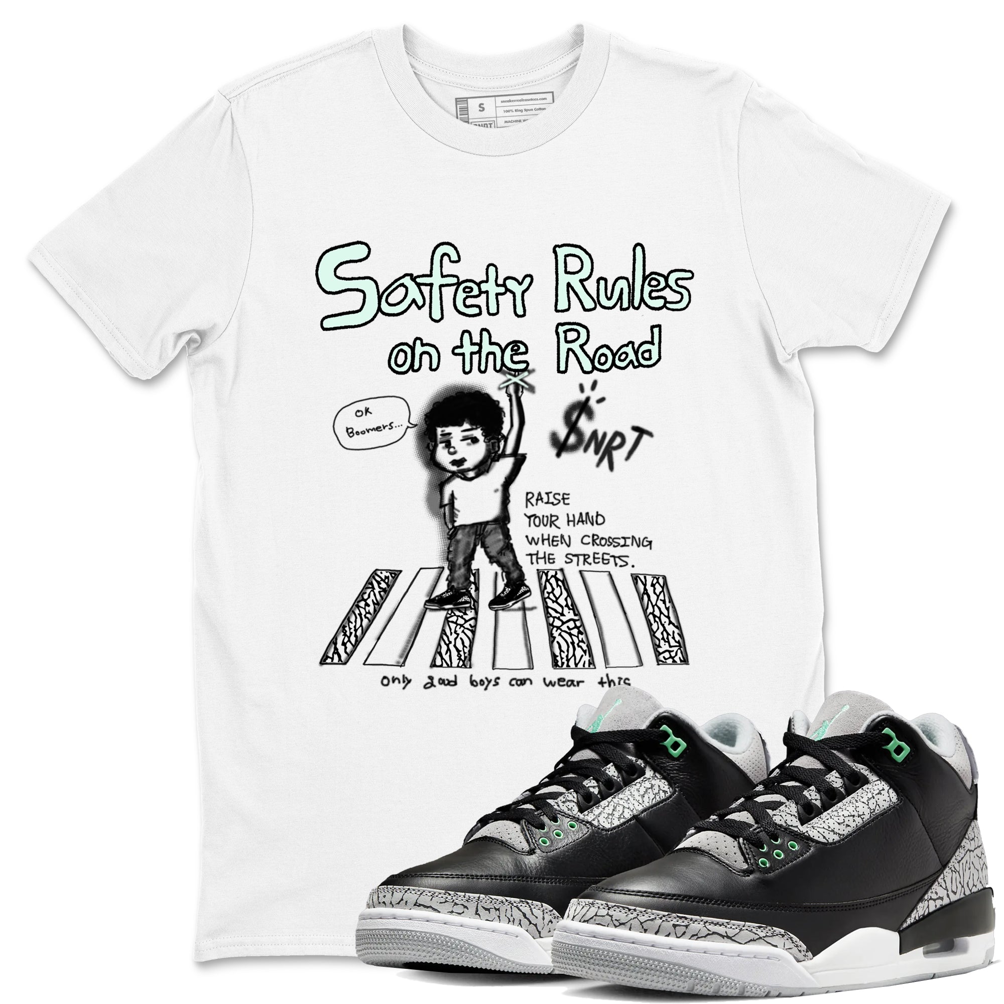 3s Green Glow shirt to match jordans Safety Rules On The Road sneaker tees Air Jordan 3 Green Glow Drip Gear Zone unisex cotton White 1 crew neck shirt