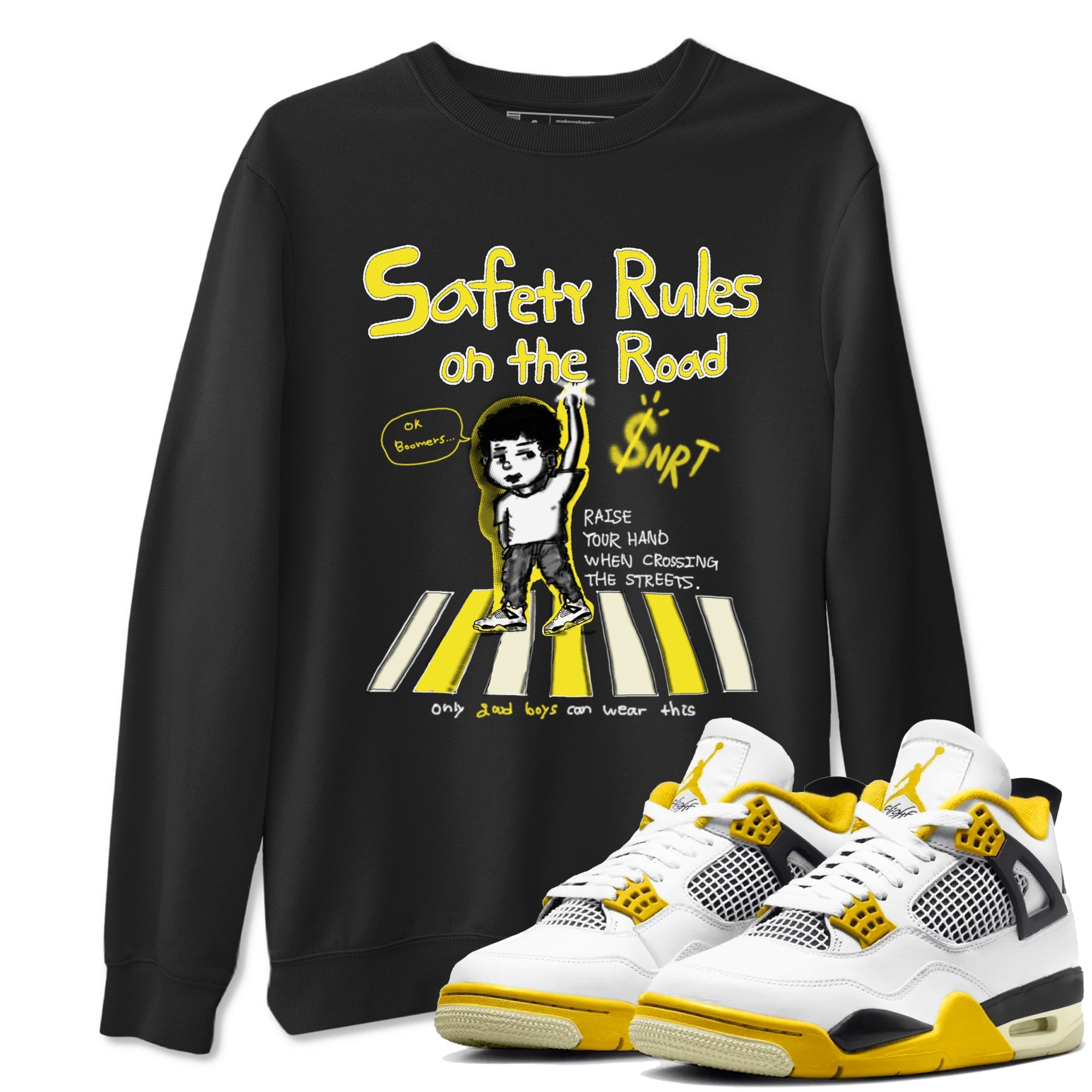 4s Vivid Sulfur shirt to match jordans Safety Rules On The Road sneaker tees Air Jordan 4 Vivid Sulfur Drip Gear Zone unisex cotton Black 1 crew neck shirt
