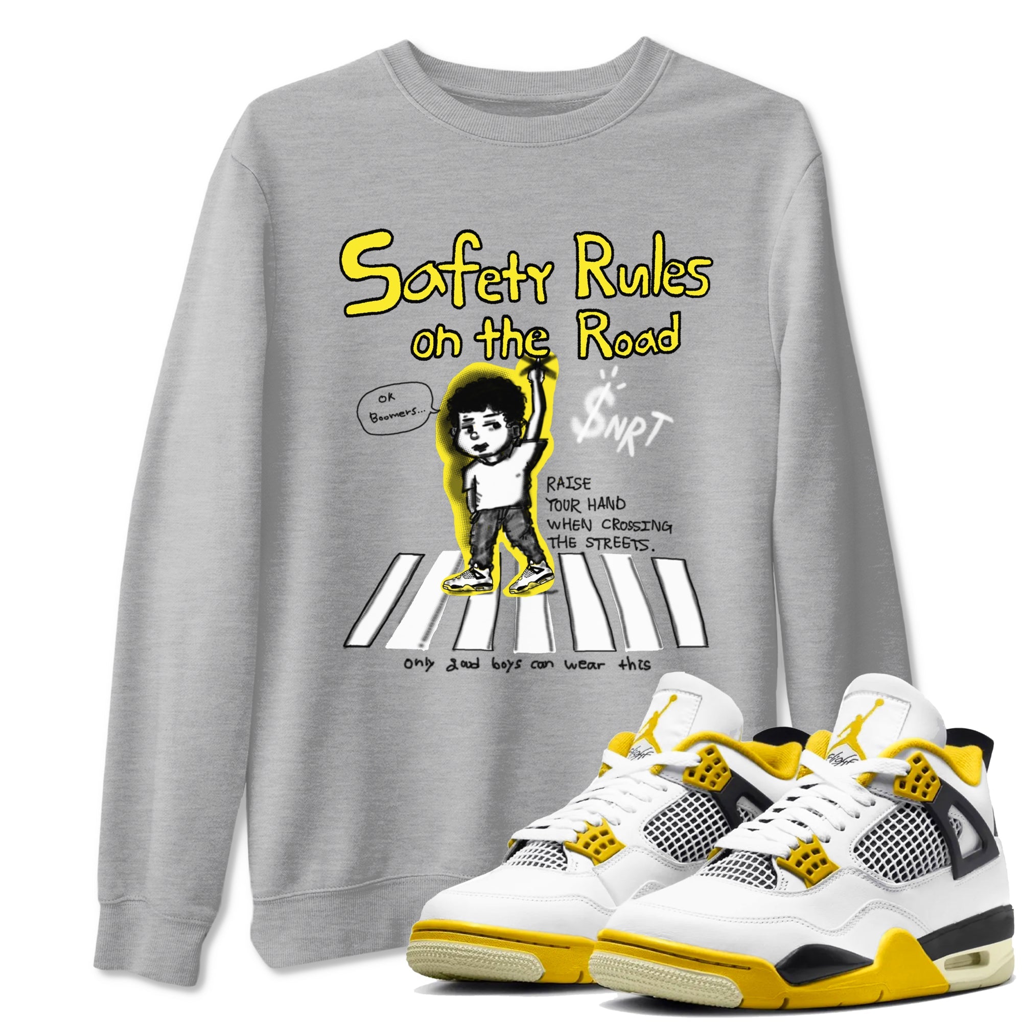 4s Vivid Sulfur shirt to match jordans Safety Rules On The Road sneaker tees Air Jordan 4 Vivid Sulfur Drip Gear Zone unisex cotton Heather Grey 1 crew neck shirt