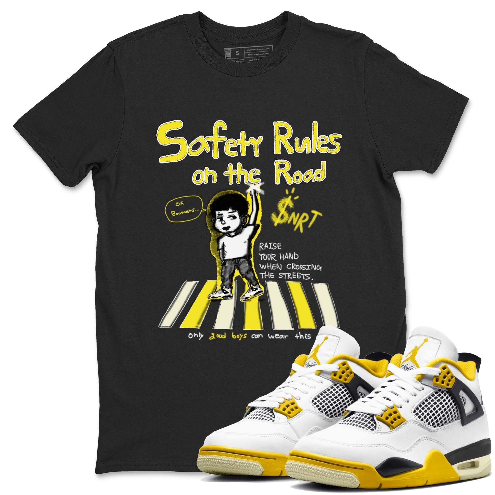 4s Vivid Sulfur shirt to match jordans Safety Rules On The Road sneaker tees Air Jordan 4 Vivid Sulfur Drip Gear Zone unisex cotton Black 1 crew neck shirt
