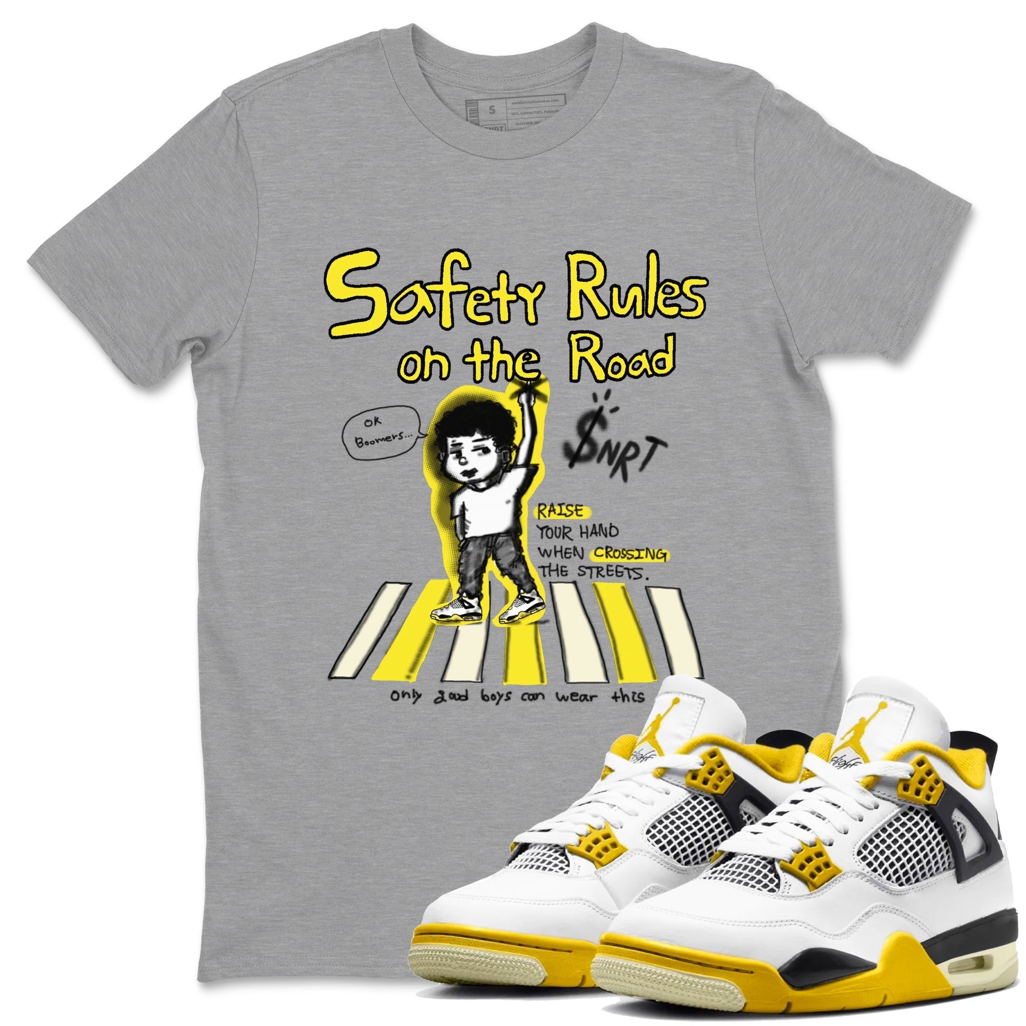 4s Vivid Sulfur shirt to match jordans Safety Rules On The Road sneaker tees Air Jordan 4 Vivid Sulfur Drip Gear Zone unisex cotton Heather Grey 1 crew neck shirt