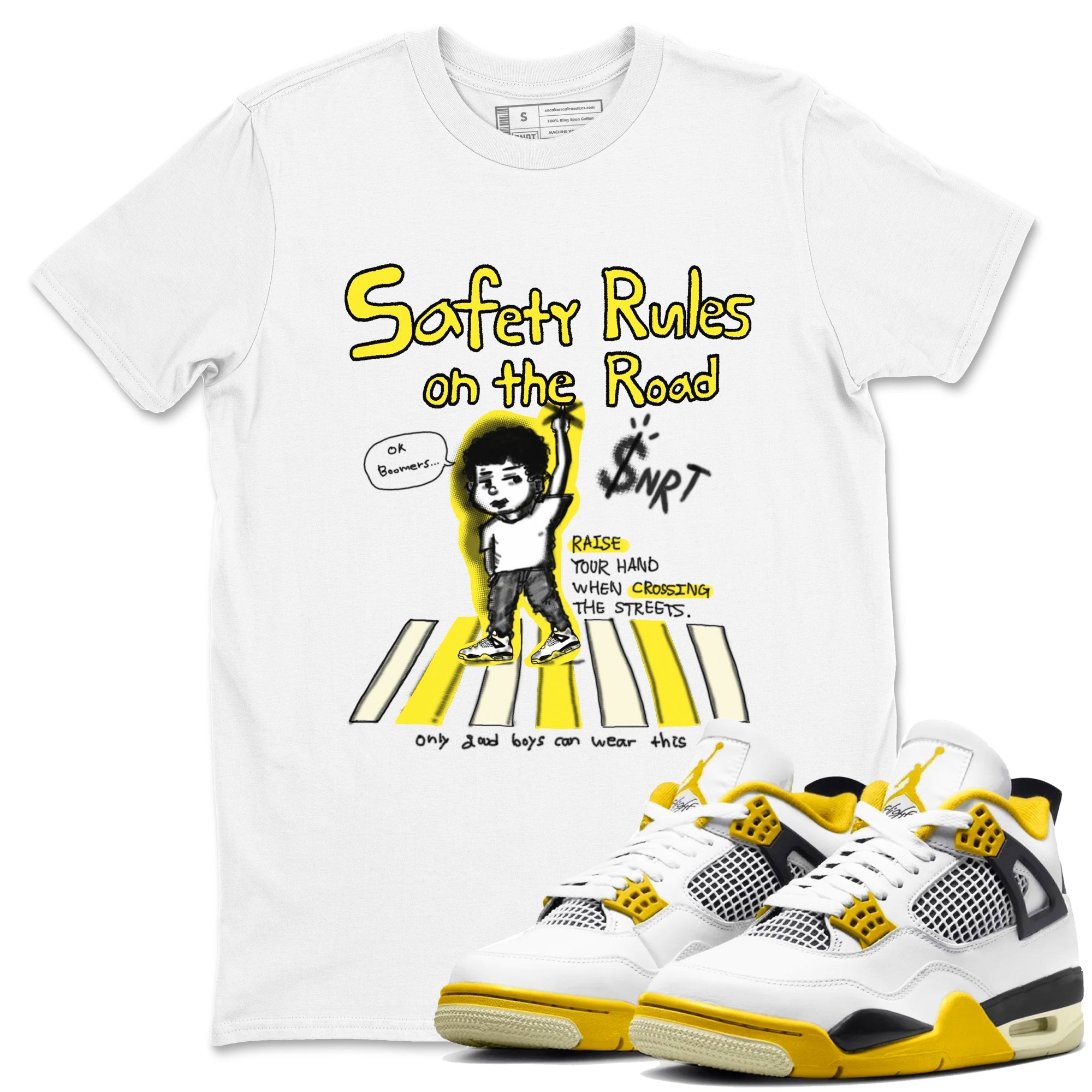 4s Vivid Sulfur shirt to match jordans Safety Rules On The Road sneaker tees Air Jordan 4 Vivid Sulfur Drip Gear Zone unisex cotton White 1 crew neck shirt