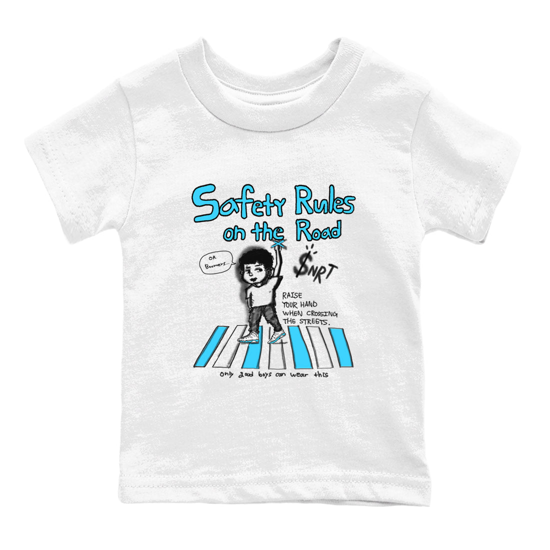 AJ9 Powder Blue shirt to match jordans Safety Rules On The Road sneaker tees Air Jordan 9 Powder Blue Drip Gear Zone baby toddler White 2 cotton Shirt