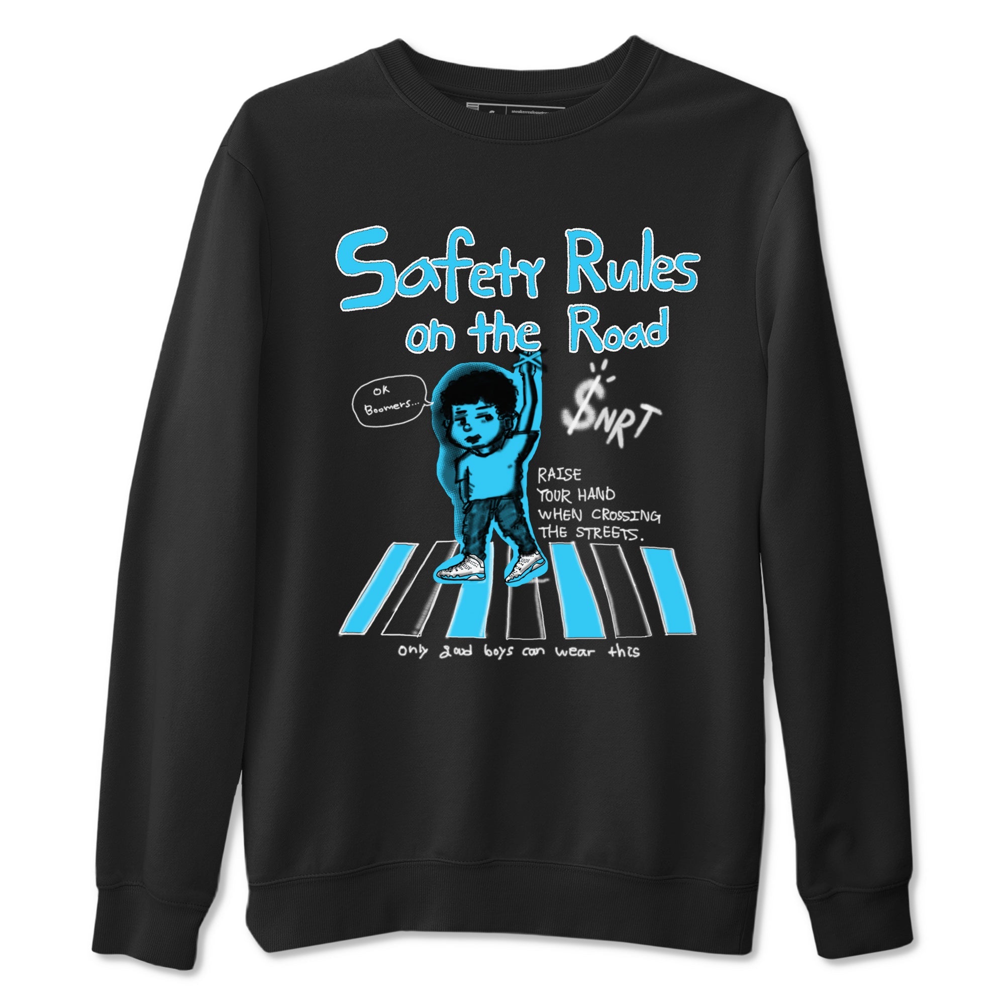 AJ9 Powder Blue shirt to match jordans Safety Rules On The Road sneaker tees Air Jordan 9 Powder Blue Drip Gear Zone unisex cotton Black 2 crew neck shirt