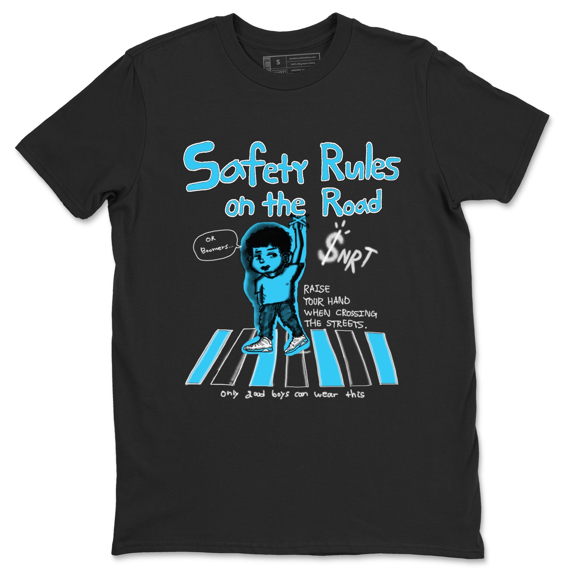 AJ9 Powder Blue shirt to match jordans Safety Rules On The Road sneaker tees Air Jordan 9 Powder Blue Drip Gear Zone unisex cotton Black 2 crew neck shirt