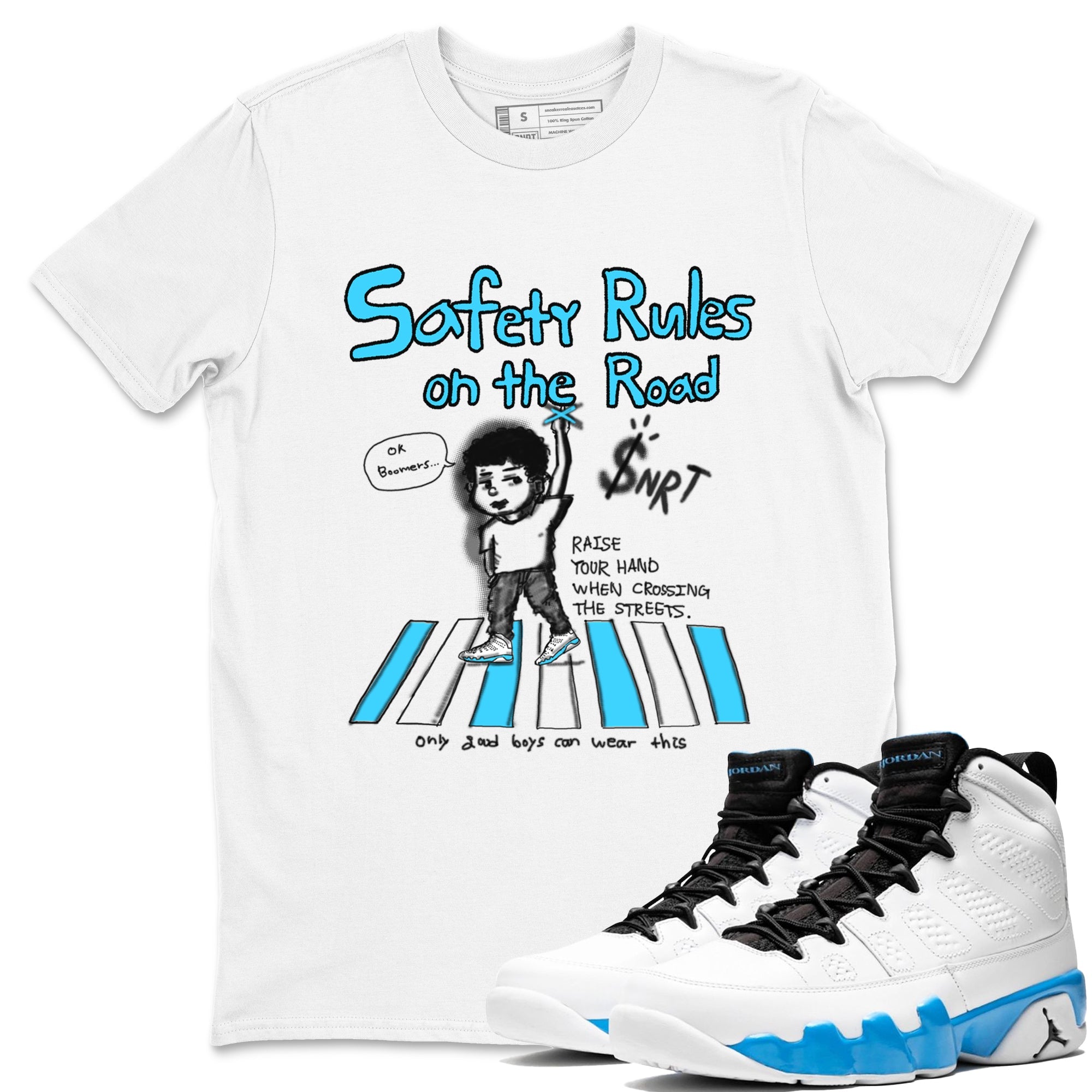 AJ9 Powder Blue shirt to match jordans Safety Rules On The Road sneaker tees Air Jordan 9 Powder Blue Drip Gear Zone unisex cotton White 1 crew neck shirt