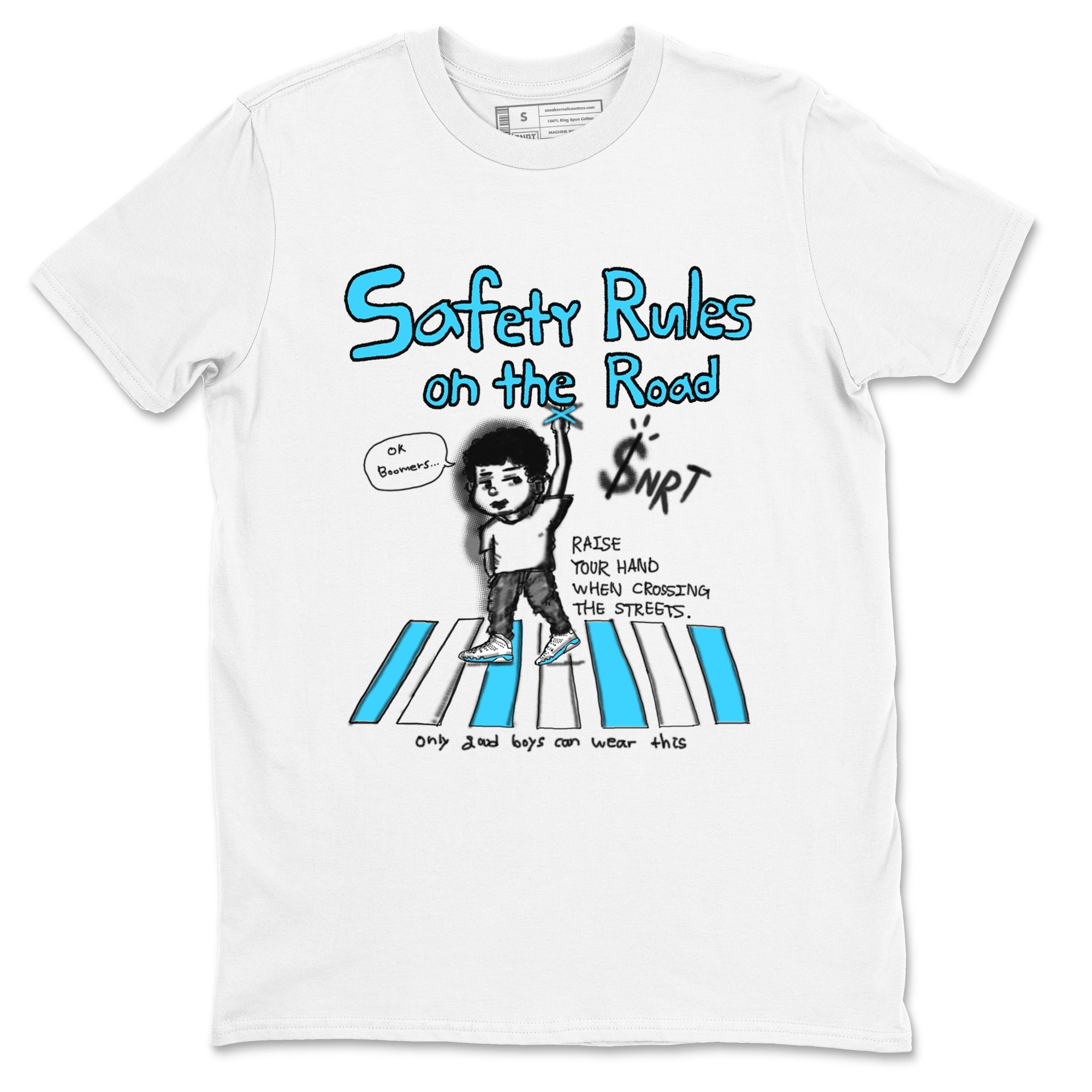 AJ9 Powder Blue shirt to match jordans Safety Rules On The Road sneaker tees Air Jordan 9 Powder Blue Drip Gear Zone unisex cotton White 2 crew neck shirt