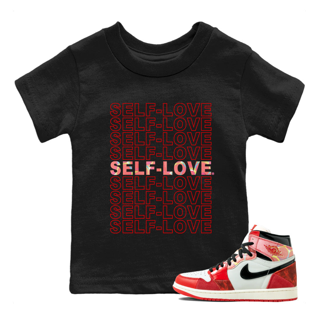 Air Jordan 1 Spider Man Sneaker Match Tees Self Love Sneaker Release Tees Spider-Man: Across the Spider-Verse x Air Jordan 1 Sneaker Release Tees Kids Shirts Black 1