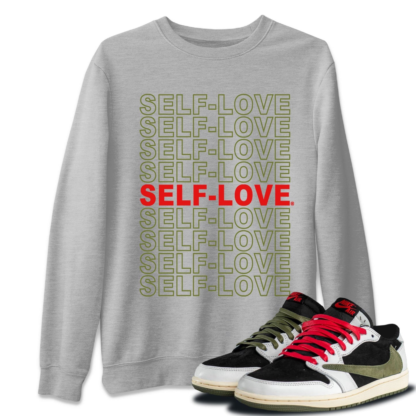 Air Jordan 1 Travis Scott Olive Sneaker Match Tees Self Love Streetwear Sneaker Shirt Air Jordan 1 Low x Travis Scott x Olive Shirts Unisex Shirts Heather Grey 1