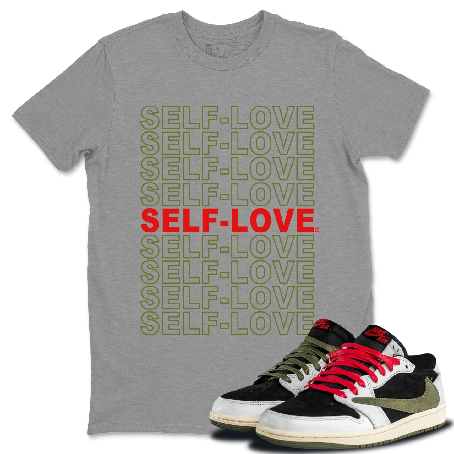 Air Jordan 1 Travis Scott Olive Self Love Crew Neck Streetwear Sneaker Shirt Air Jordan 1 Travis Scott Olive Sneaker T-Shirts Size Chart