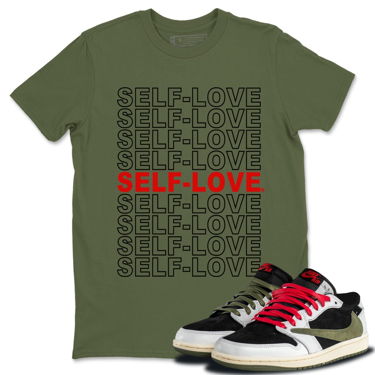 Air Jordan 1 Travis Scott Olive Self Love Crew Neck Streetwear Sneaker Shirt Air Jordan 1 Travis Scott Olive Sneaker T-Shirts Washing and Care Tip