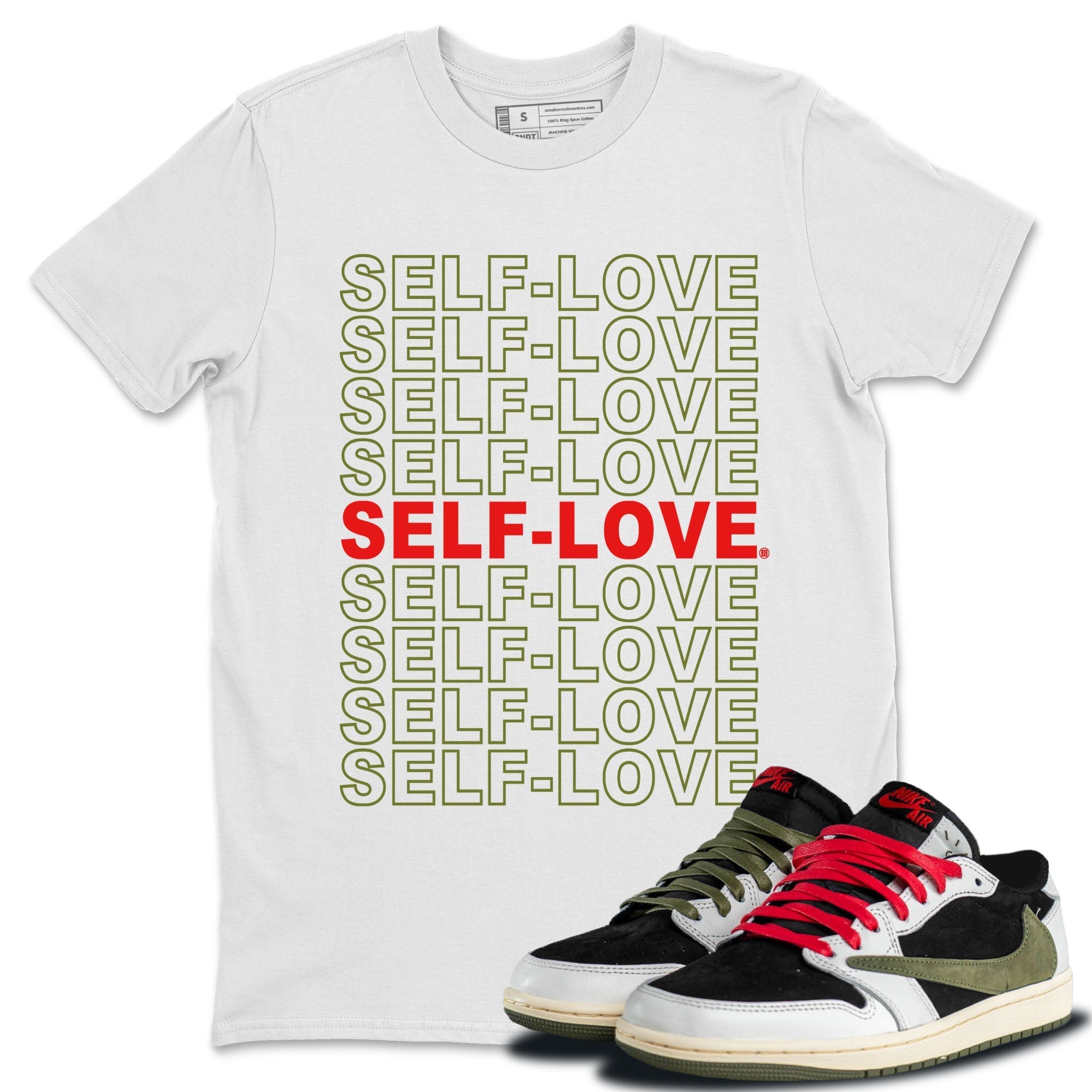 Air Jordan 1 Travis Scott Olive Sneaker Match Tees Self Love Streetwear Sneaker Shirt Air Jordan 1 Low x Travis Scott x Olive Shirts Unisex Shirts White 1