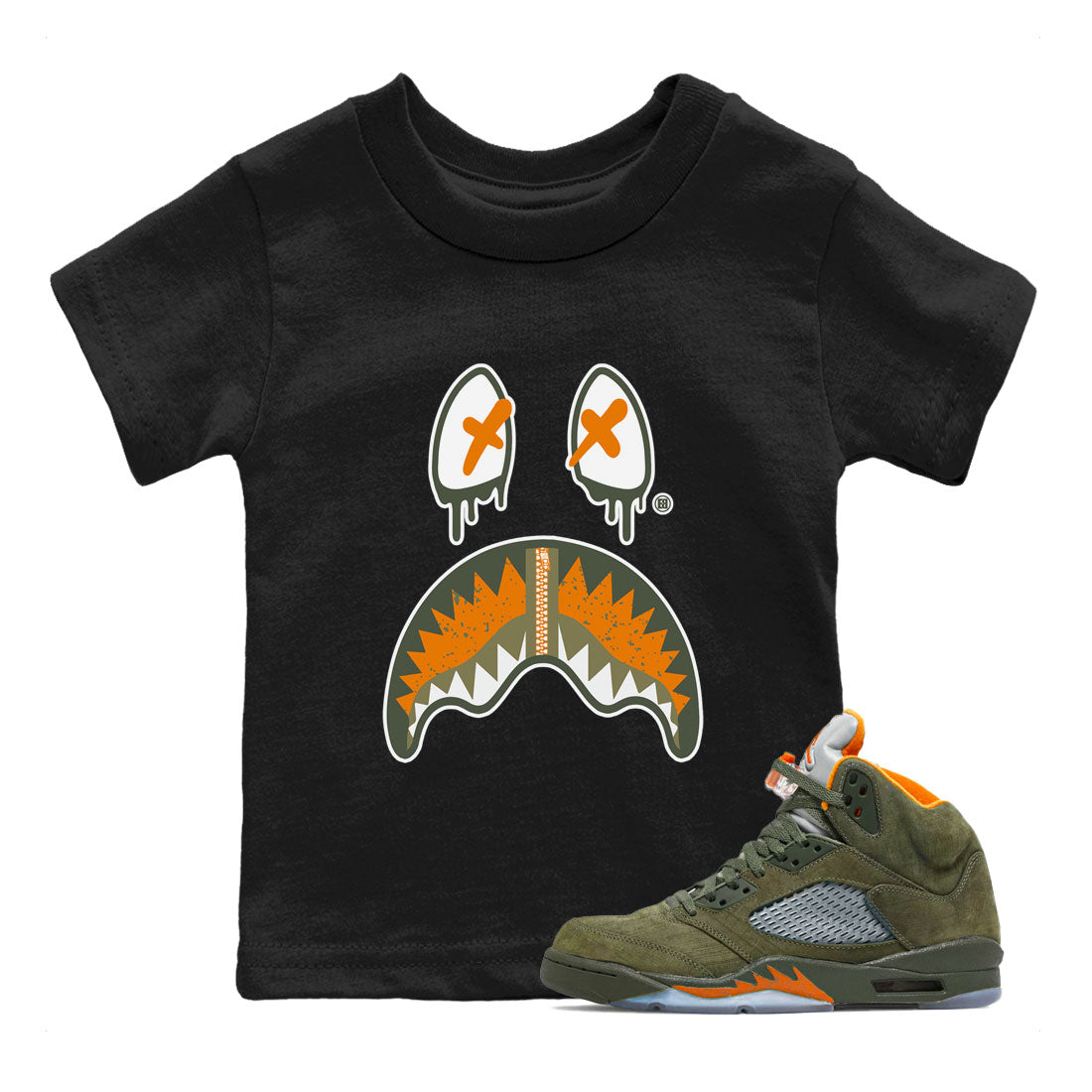 Air Jordan 5 Retro Olive shirt to match jordans Shark Face sneaker tees Air Jordan 5 Olive Drip Gear Zone Sneaker Matching Cotton Shirt baby toddler Black 1 cotton Shirt