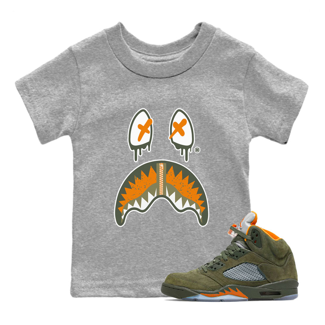 Air Jordan 5 Retro Olive shirt to match jordans Shark Face sneaker tees Air Jordan 5 Olive Drip Gear Zone Sneaker Matching Cotton Shirt baby toddler Heather Grey 1 cotton Shirt