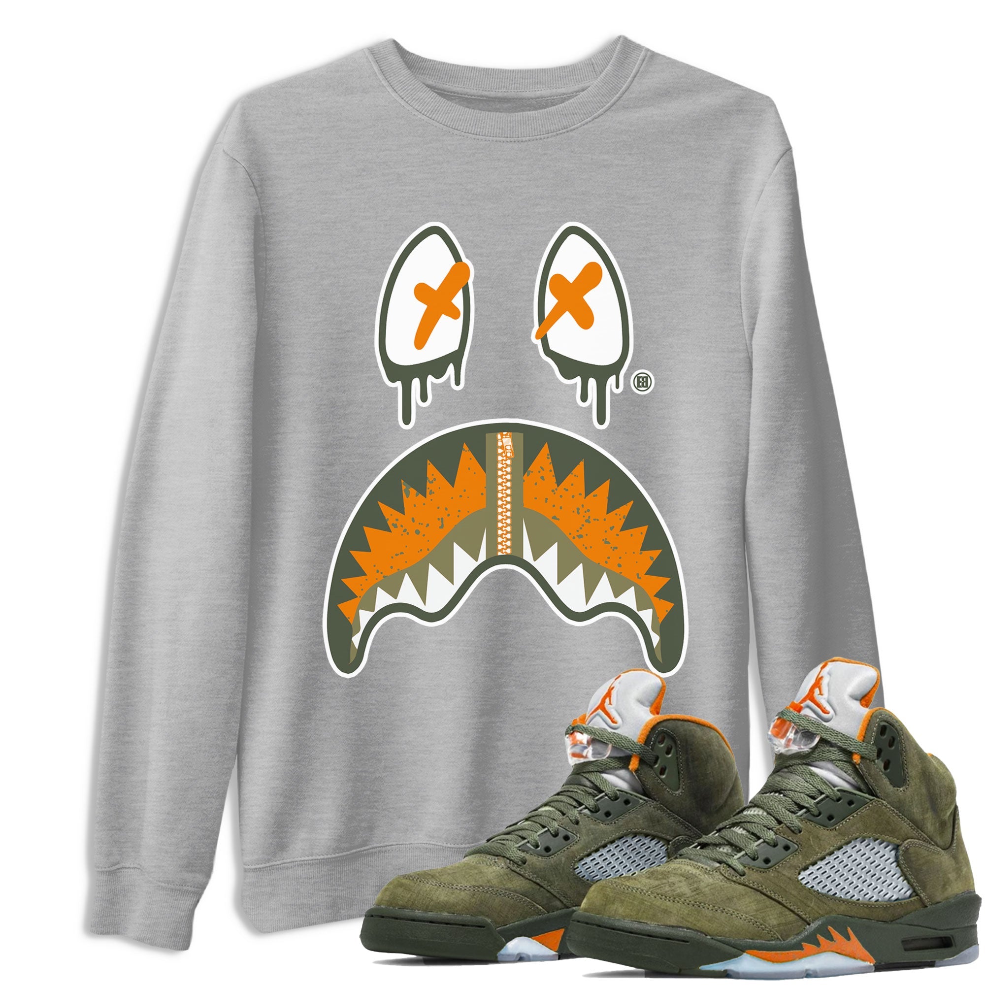 Air Jordan 5 Retro Olive shirt to match jordans Shark Face sneaker tees Air Jordan 5 Olive Drip Gear Zone Sneaker Matching Cotton Shirt unisex cotton Heather Grey 1 crew neck shirt