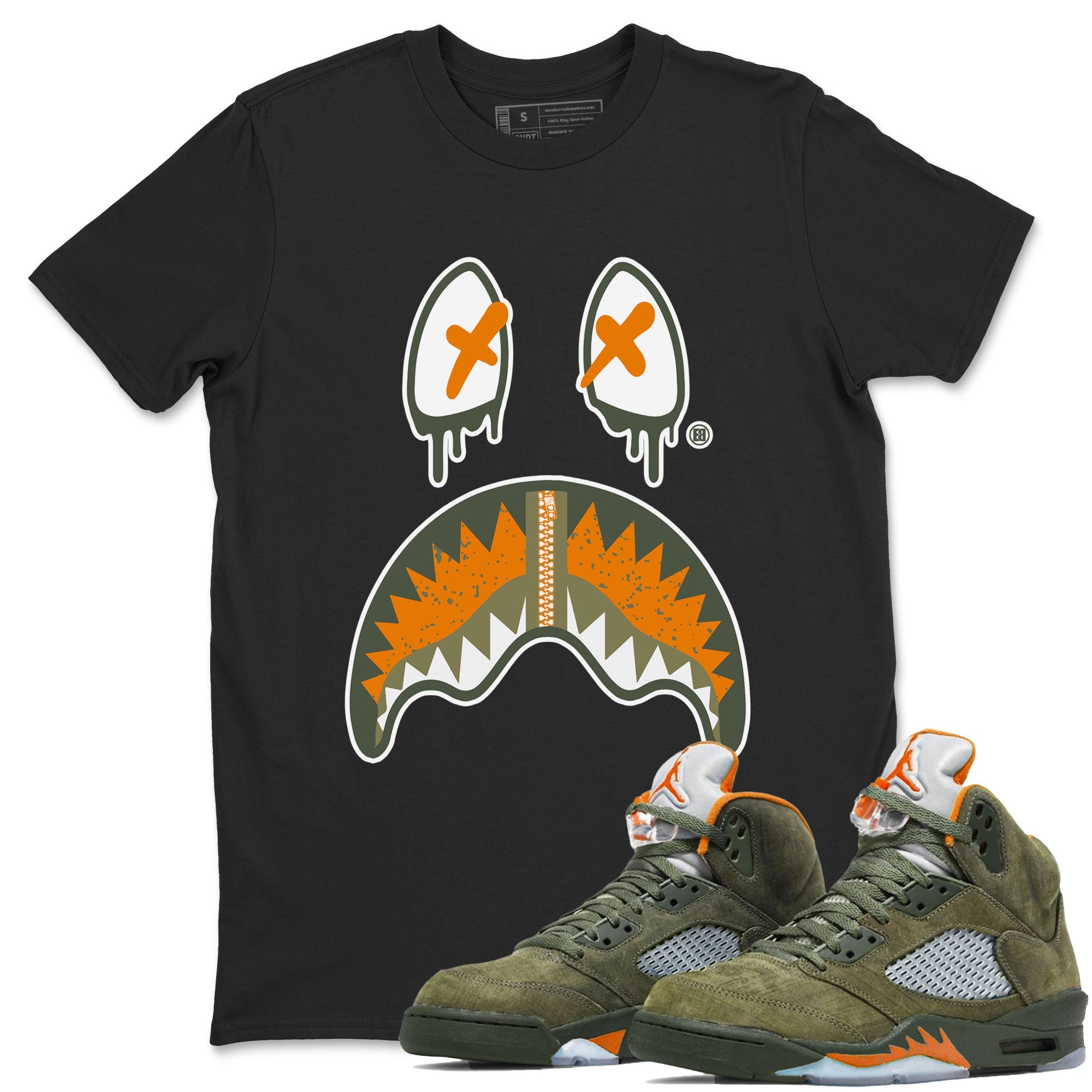 Air Jordan 5 Retro Olive shirt to match jordans Shark Face sneaker tees Air Jordan 5 Olive Drip Gear Zone Sneaker Matching Cotton Shirt unisex cotton Black 1 crew neck shirt