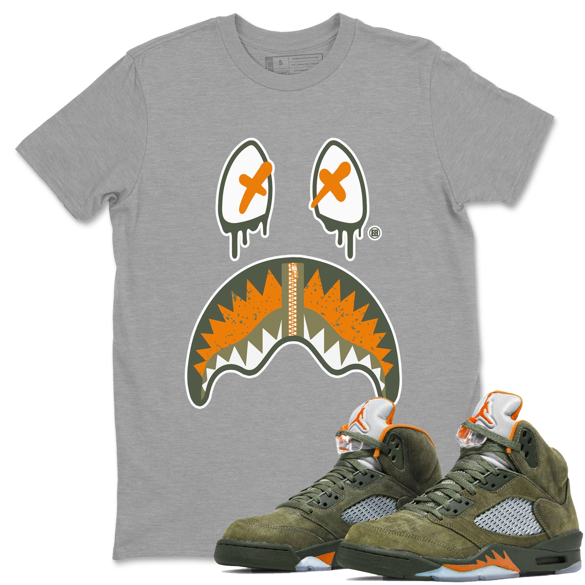 Air Jordan 5 Retro Olive shirt to match jordans Shark Face sneaker tees Air Jordan 5 Olive Drip Gear Zone Sneaker Matching Cotton Shirt unisex cotton Heather Grey 1 crew neck shirt