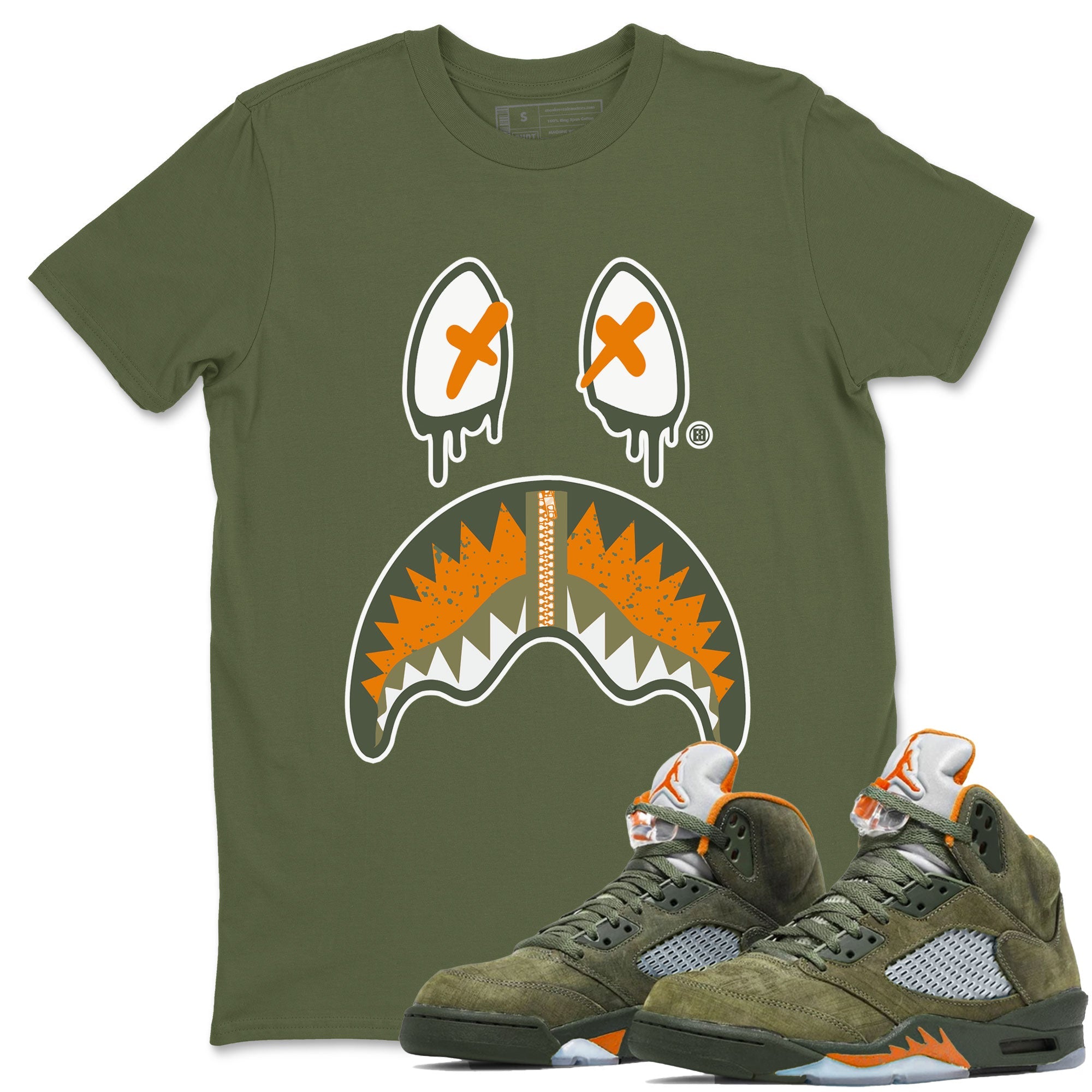 Air Jordan 5 Retro Olive shirt to match jordans Shark Face sneaker tees Air Jordan 5 Olive Drip Gear Zone Sneaker Matching Cotton Shirt unisex cotton Military Green 1 crew neck shirt