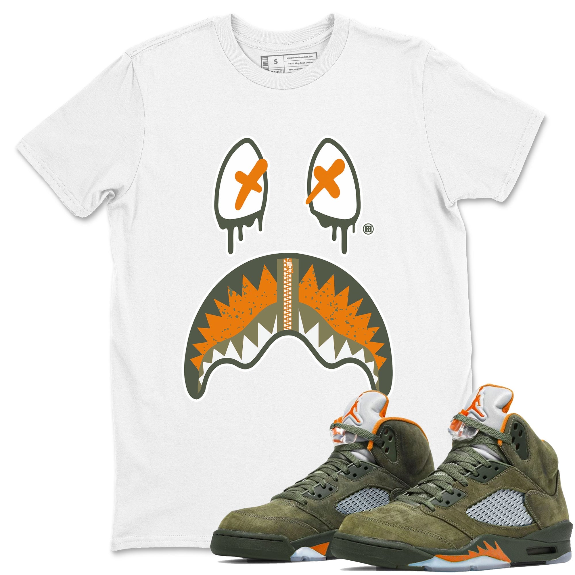 Air Jordan 5 Retro Olive shirt to match jordans Shark Face sneaker tees Air Jordan 5 Olive Drip Gear Zone Sneaker Matching Cotton Shirt unisex cotton White 1 crew neck shirt
