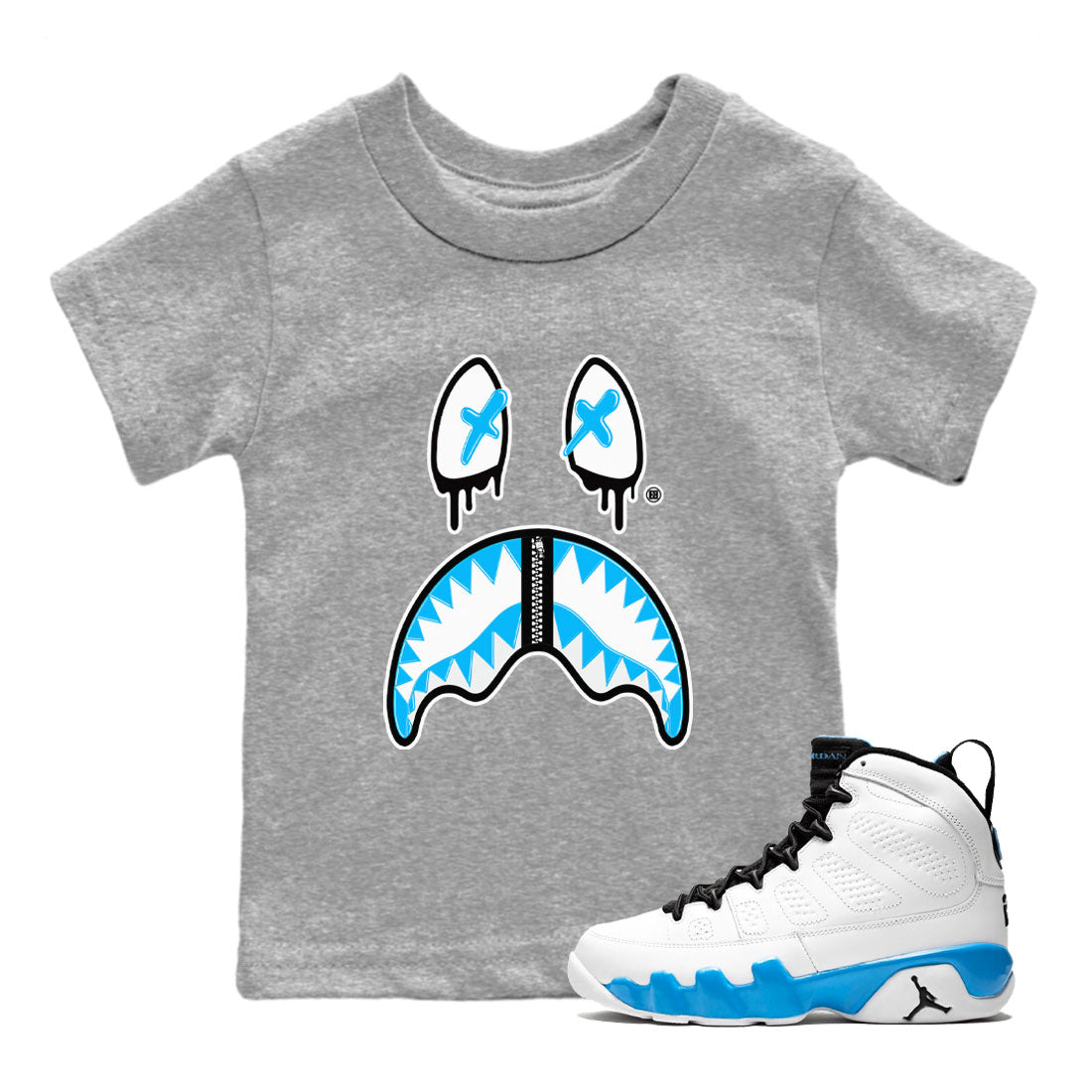AJ9 Powder Blue shirt to match jordans Shark Face sneaker tees Air Jordan 9 Powder Blue Drip Gear Zone baby toddler Heather Grey 1 cotton Shirt