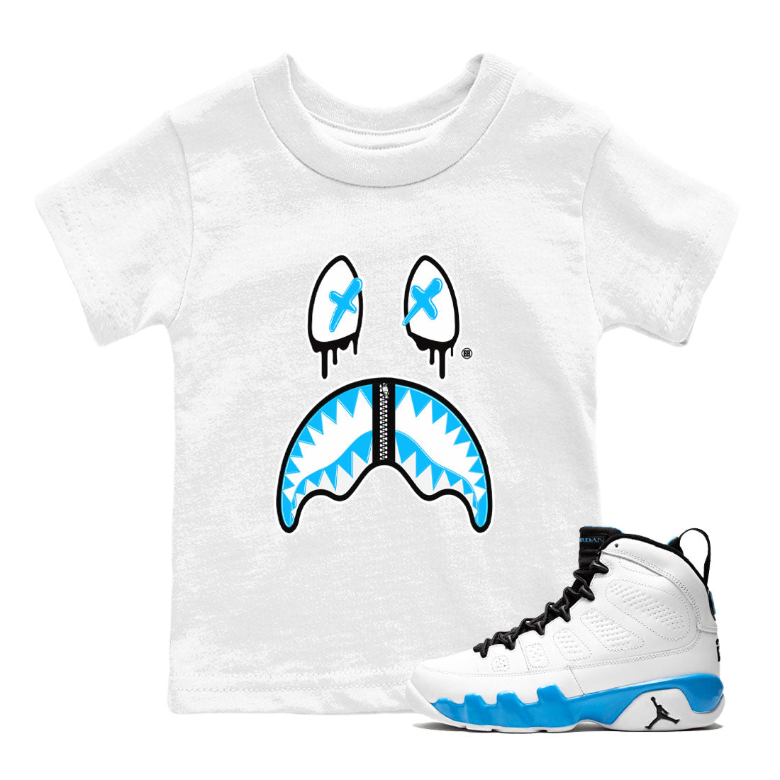 AJ9 Powder Blue shirt to match jordans Shark Face sneaker tees Air Jordan 9 Powder Blue Drip Gear Zone baby toddler White 1 cotton Shirt