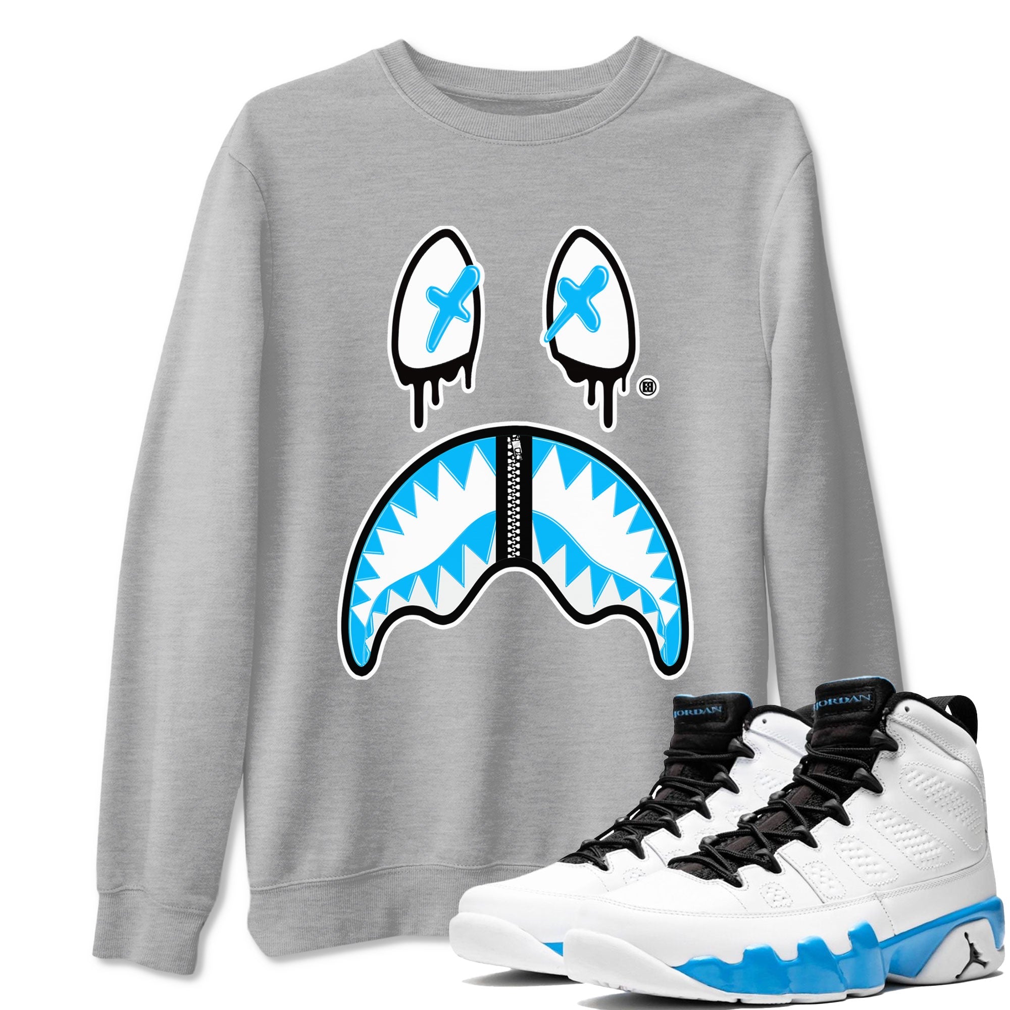 AJ9 Powder Blue shirt to match jordans Shark Face sneaker tees Air Jordan 9 Powder Blue Drip Gear Zone unisex cotton Heather Grey 1 crew neck shirt