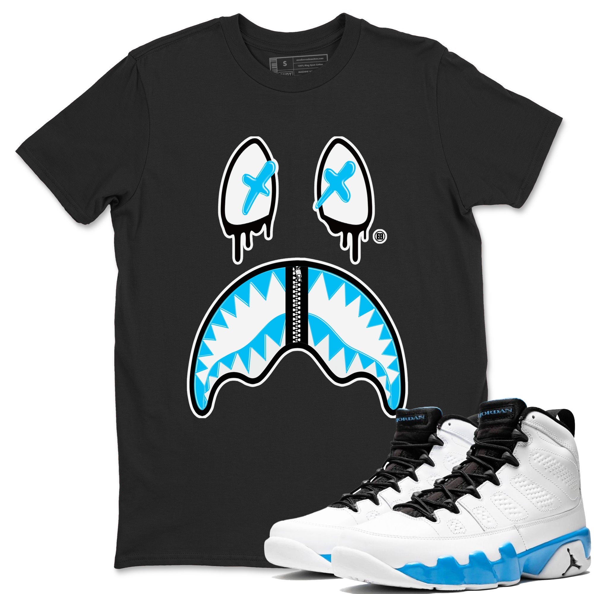 AJ9 Powder Blue shirt to match jordans Shark Face sneaker tees Air Jordan 9 Powder Blue Drip Gear Zone unisex cotton Black 1 crew neck shirt