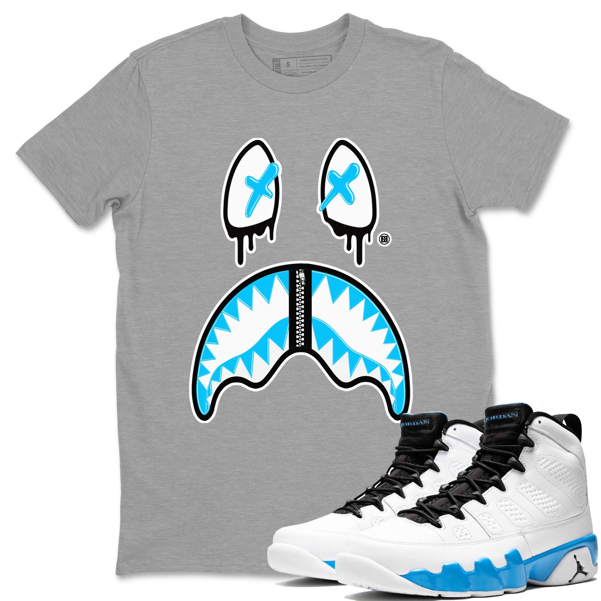 AJ9 Powder Blue shirt to match jordans Shark Face sneaker tees Air Jordan 9 Powder Blue Drip Gear Zone unisex cotton Heather Grey 1 crew neck shirt