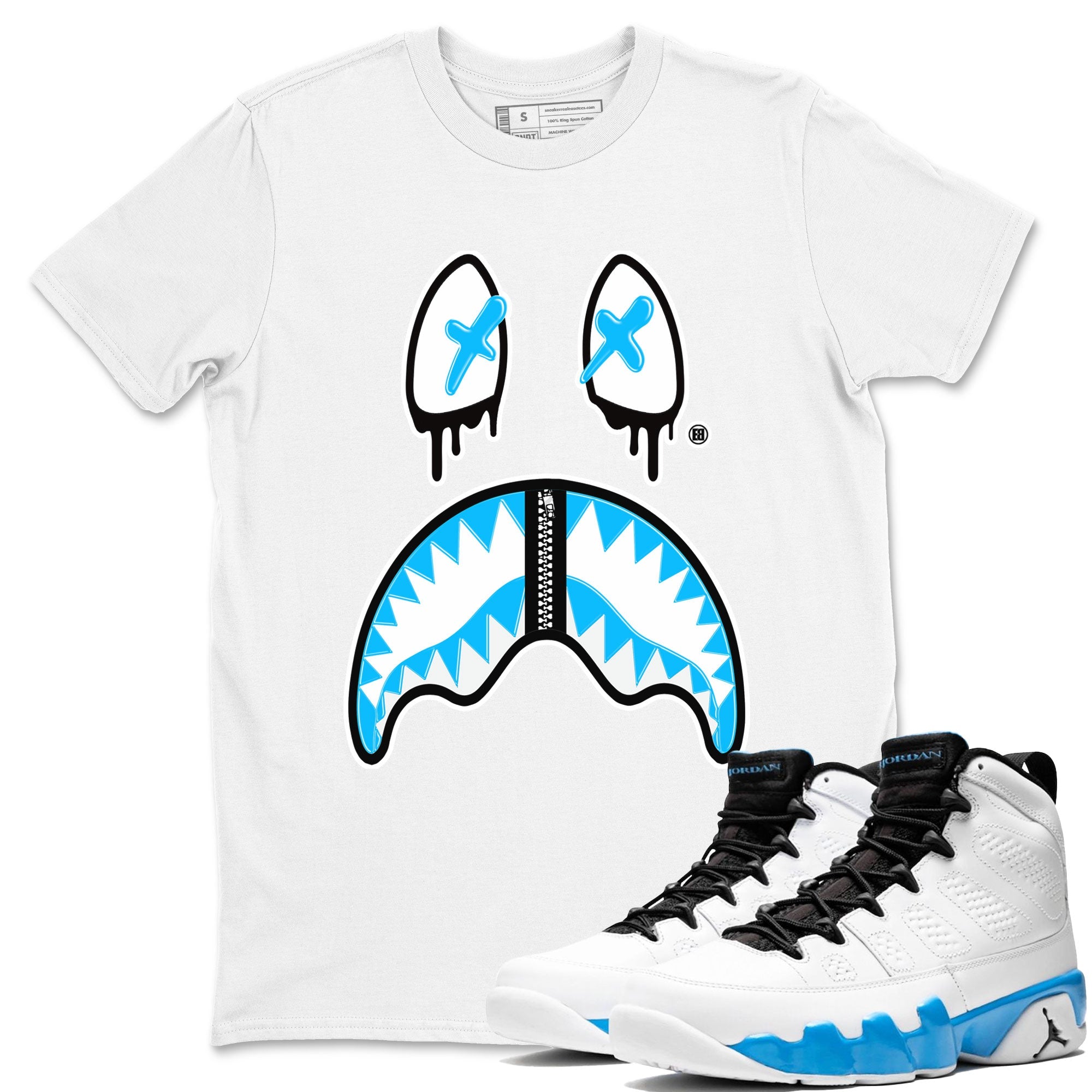 AJ9 Powder Blue shirt to match jordans Shark Face sneaker tees Air Jordan 9 Powder Blue Drip Gear Zone unisex cotton White 1 crew neck shirt