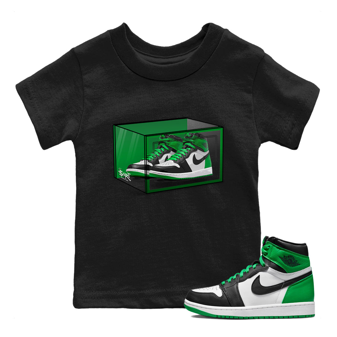 Air Jordan 1 Celtics Sneaker Match Tees Shoe Box Shirts Air Jordan 1 Lucky Green Celtics Tees Kids Shirts Black 1
