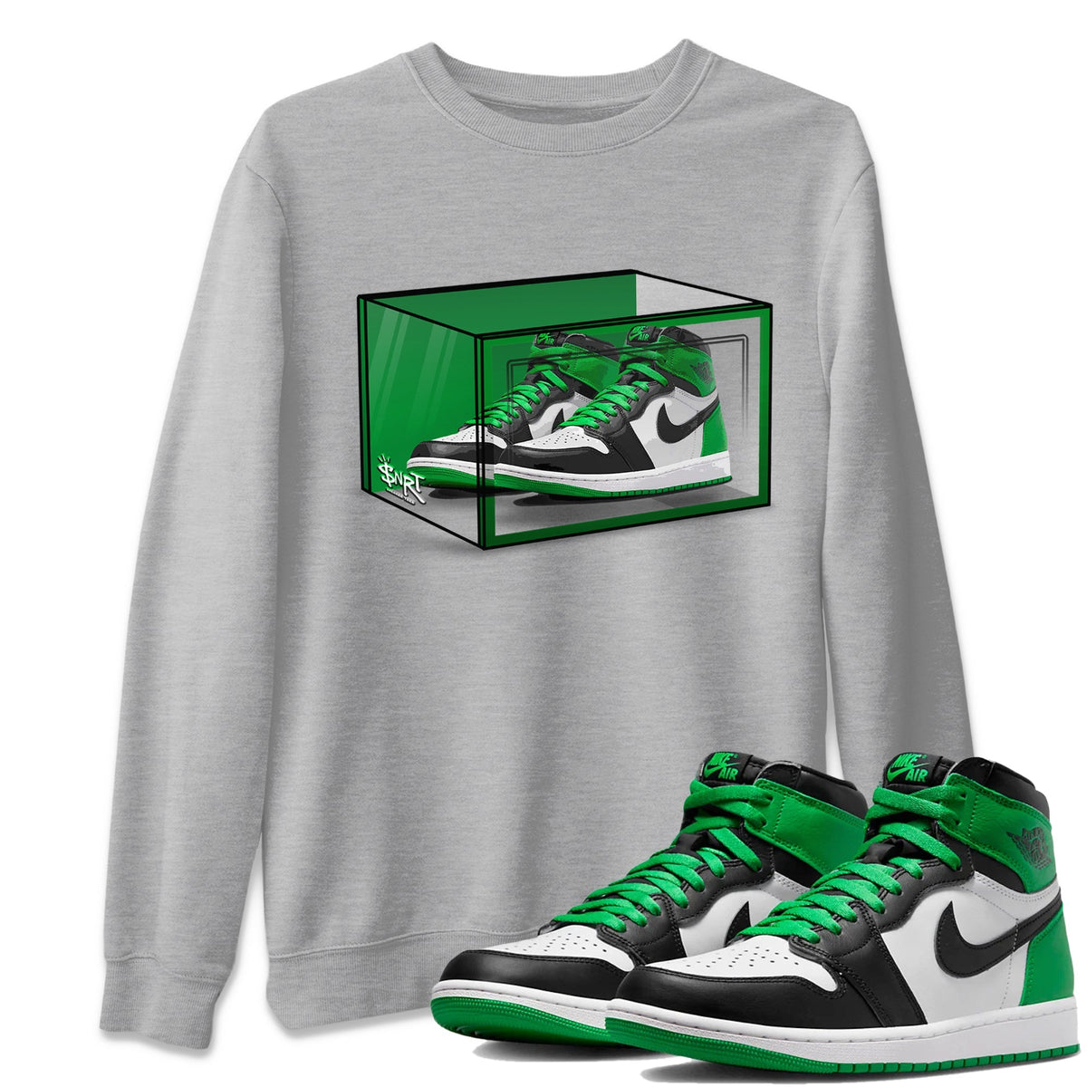 Air Jordan 1 Celtics Sneaker Match Tees Shoe Box Shirts Air Jordan 1 Lucky Green Celtics Tees Unisex Shirts Heather Grey 1