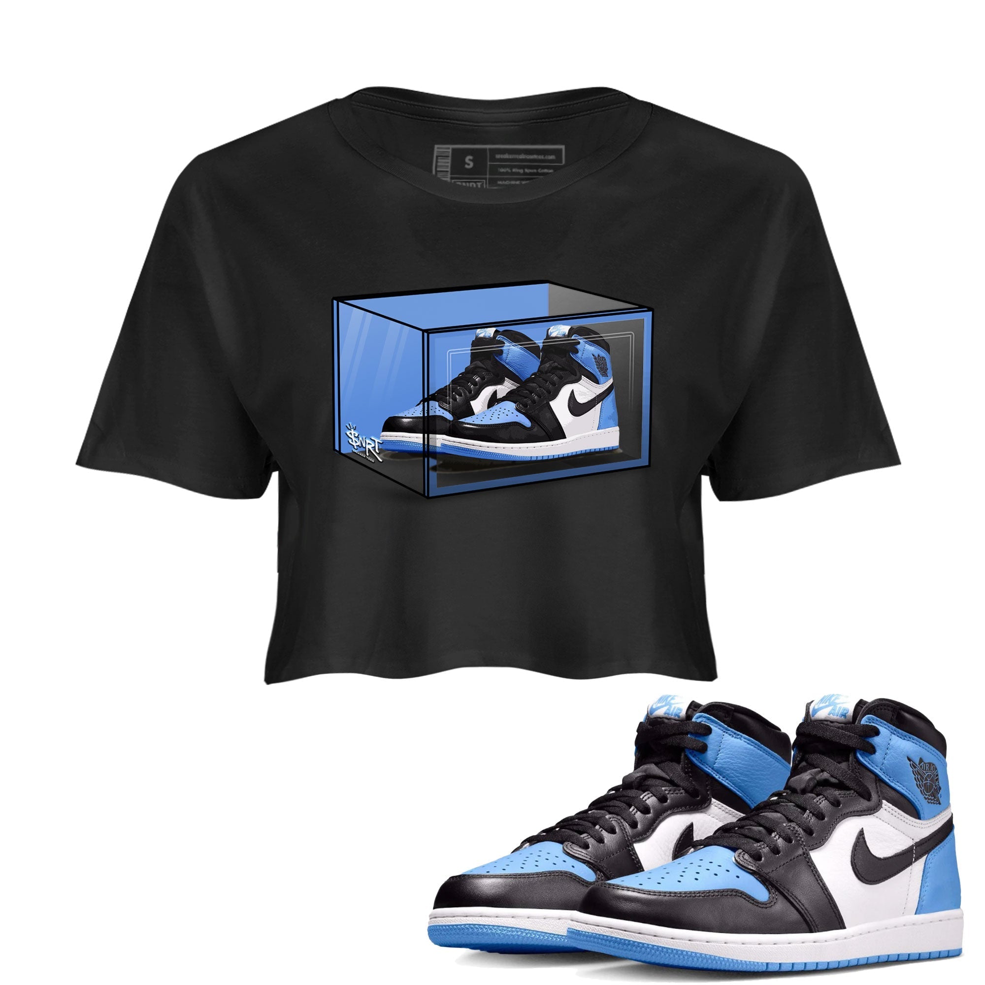 Air Jordan 1 Retro High OG UNC Toe shirt to match jordans Shoe Box Streetwear Sneaker Shirt UNC Toe 1s Drip Gear Zone Sneaker Matching Clothing Black 1 Crop T-Shirt