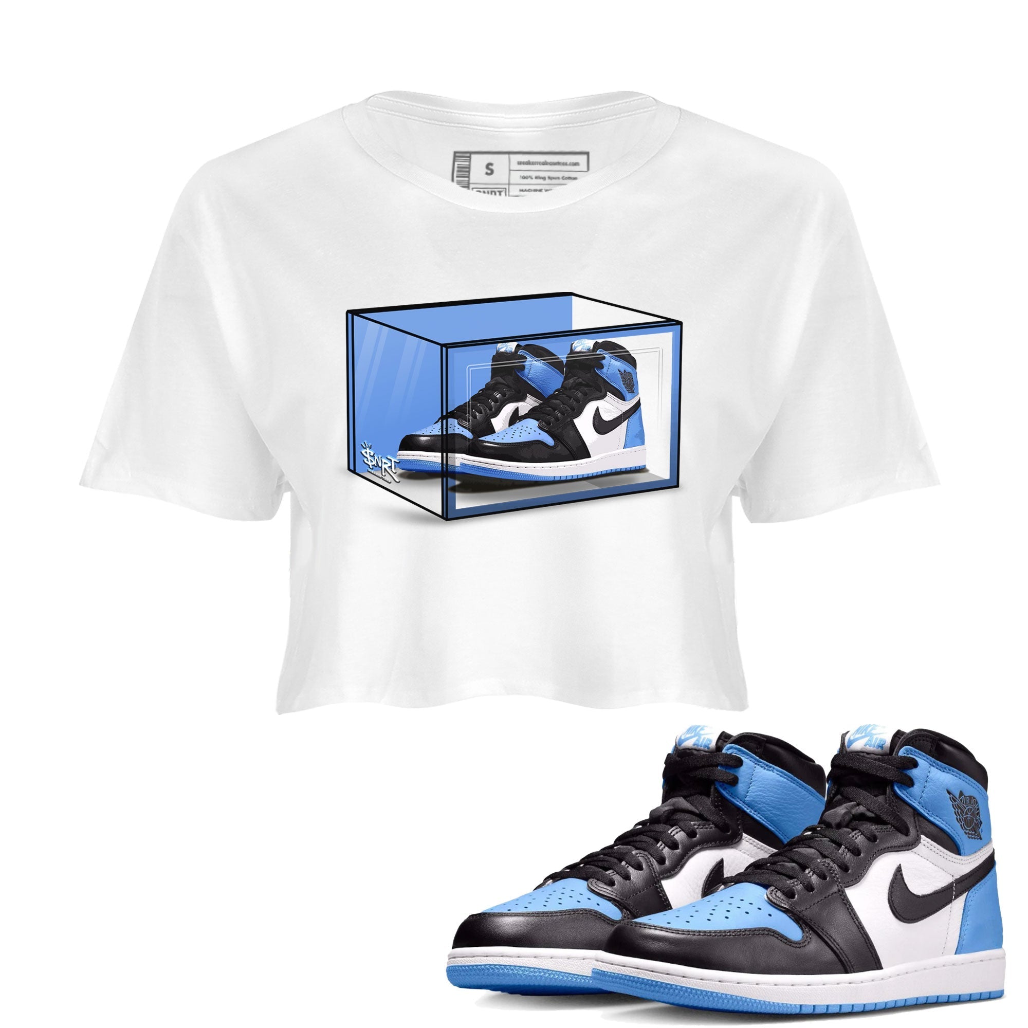 Air Jordan 1 Retro High OG UNC Toe shirt to match jordans Shoe Box Streetwear Sneaker Shirt UNC Toe 1s Drip Gear Zone Sneaker Matching Clothing White 1 Crop T-Shirt