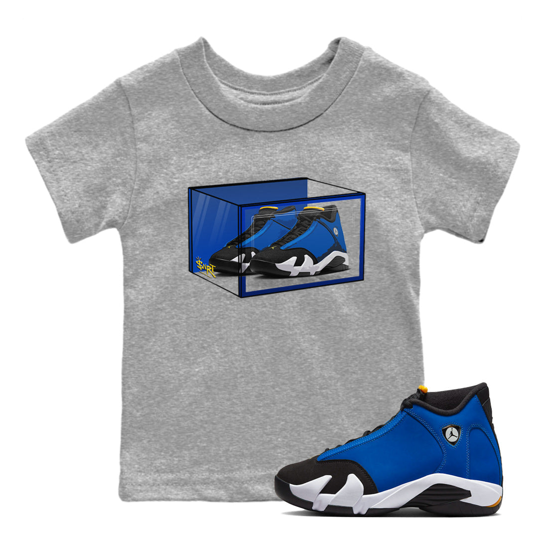 Air Jordan 14 Laney Sneaker Match Tees Shoe Box Sneaker Tees Jordan 14 Laney Sneaker Release Tees Kids Shirts Heather Grey 1