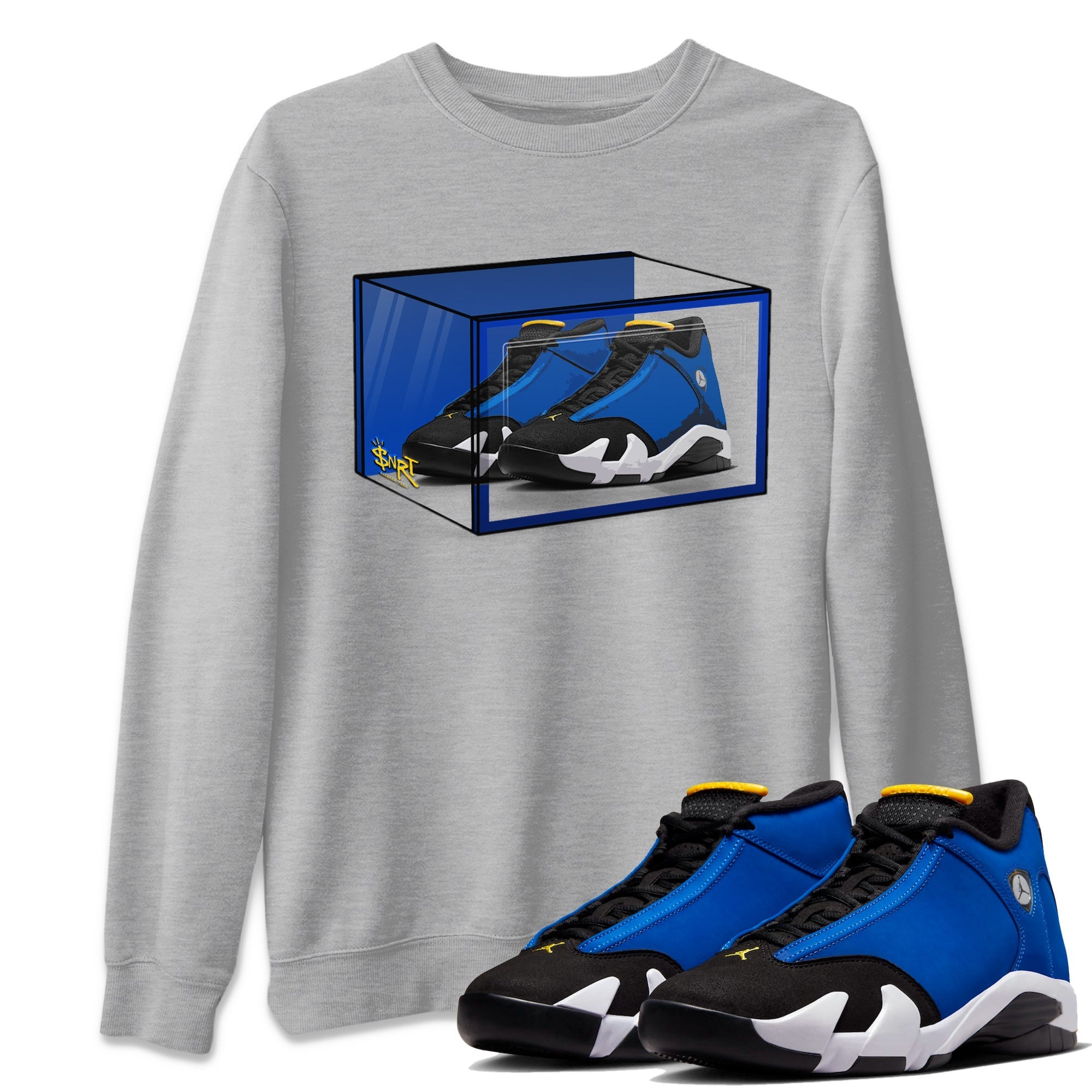 Air Jordan 14 Laney Sneaker Match Tees Shoe Box Sneaker Tees Jordan 14 Laney Sneaker Release Tees Unisex Shirts Heather Grey 1