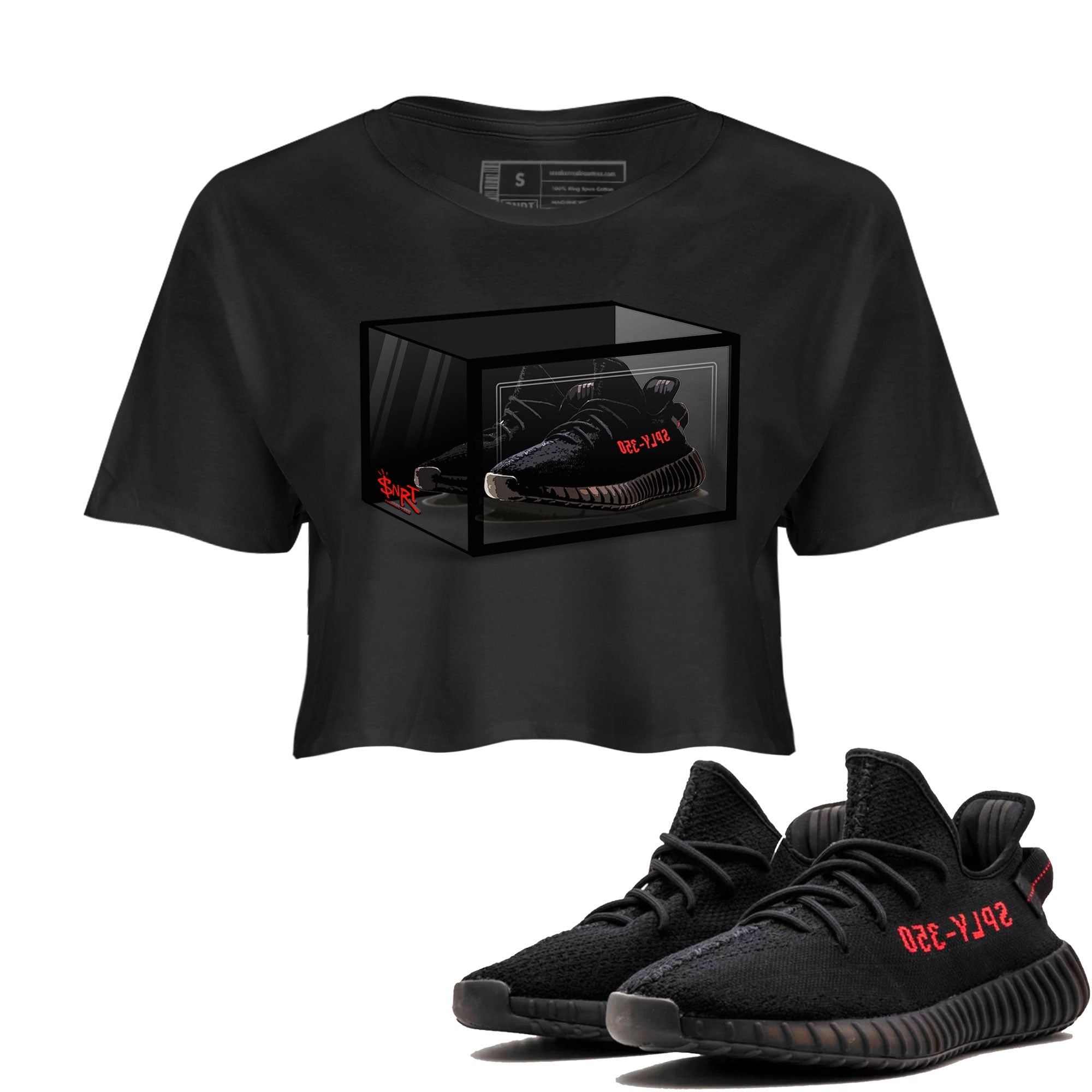 Adidas Yeezy Boost 350 V2 Bred shirt to match jordans Shoe Box Streetwear Sneaker Shirt Yeezy 350 Bred Drip Gear Zone Sneaker Matching Clothing Black 1 Crop T-Shirt