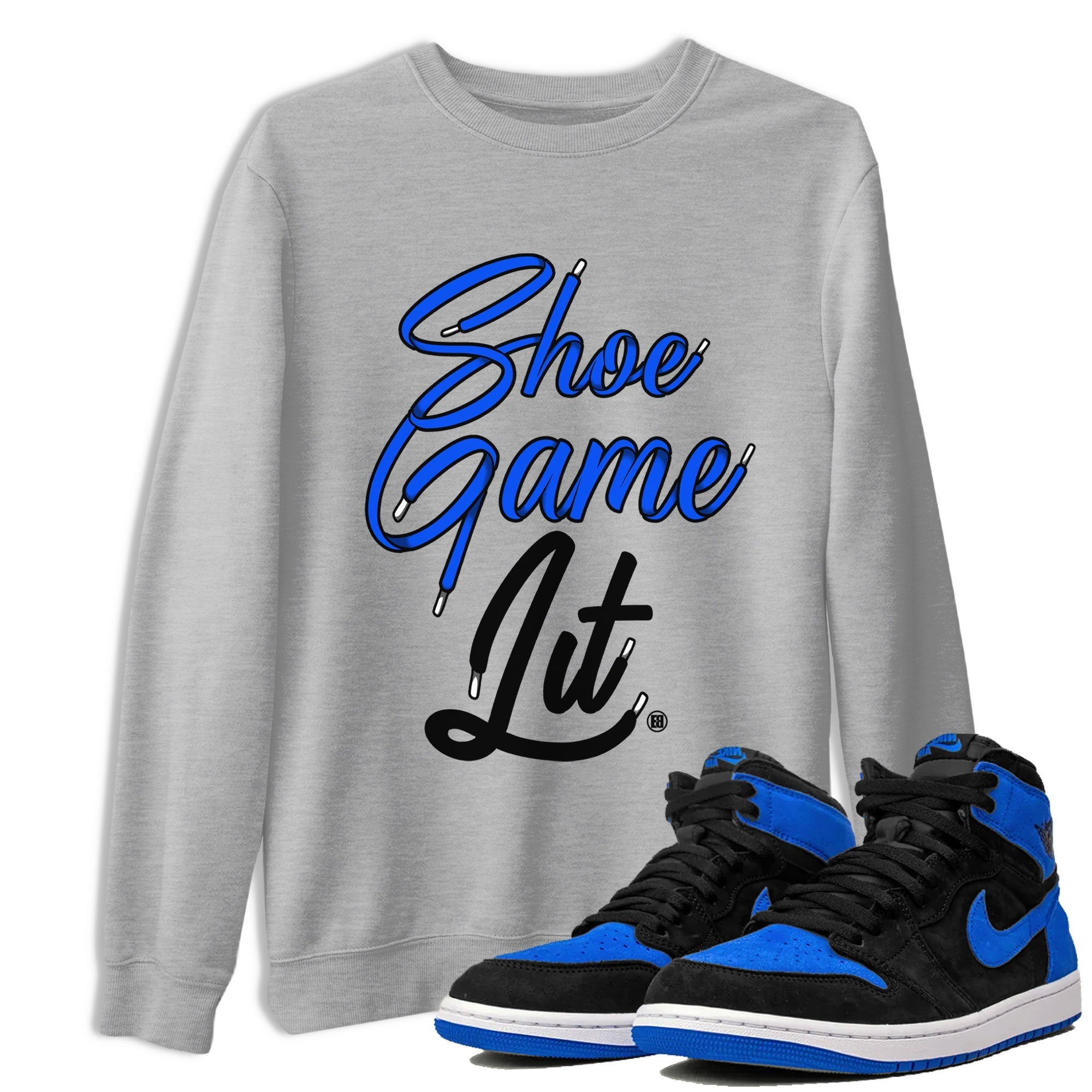 Air Jordan 1 Royal Reimagined shirt to match jordans Shoe Game Lit Shoe Lace sneaker tees Air Jordan 1 High OG Royal Reimagined Drip Gear Zone Unisex Sneaker Tees and Sneaker Match T-Shirt Heather Grey 1 T-Shirt