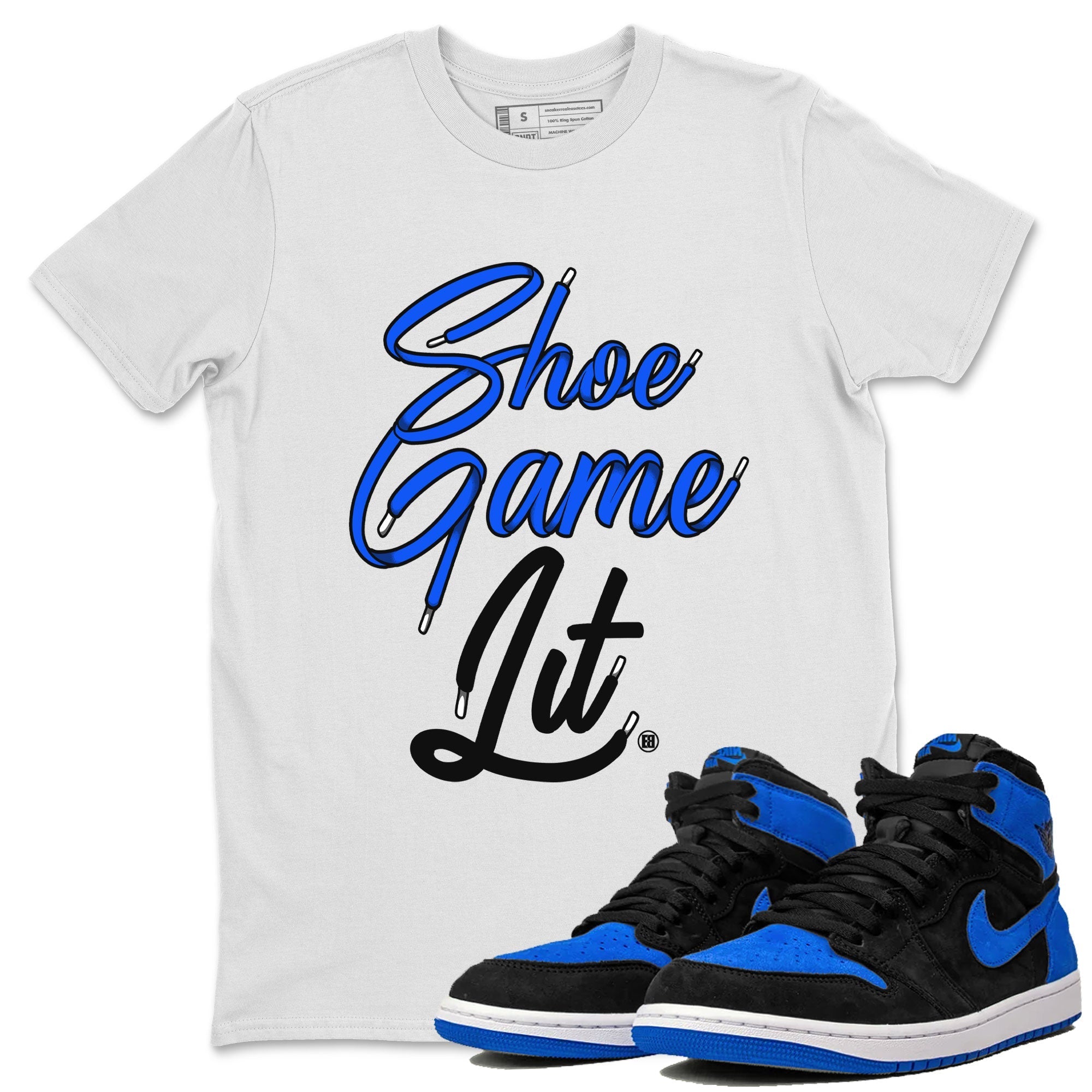 Air Jordan 1 Royal Reimagined shirt to match jordans Shoe Game Lit Shoe Lace sneaker tees Air Jordan 1 High OG Royal Reimagined Drip Gear Zone Unisex Sneaker Tees and Sneaker Match T-Shirt White 1 T-Shirt