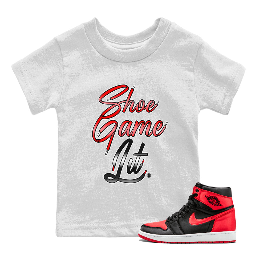 Air Jordan 1 Satin Bred Sneaker Match Tees Shoe Game Lit Shoe Lace Streetwear Sneaker Shirt Air Jordan 1 Satin Bred Drip Gear Zone Sneaker Matching Clothing Kids, Youth, Baby Clothing White 1